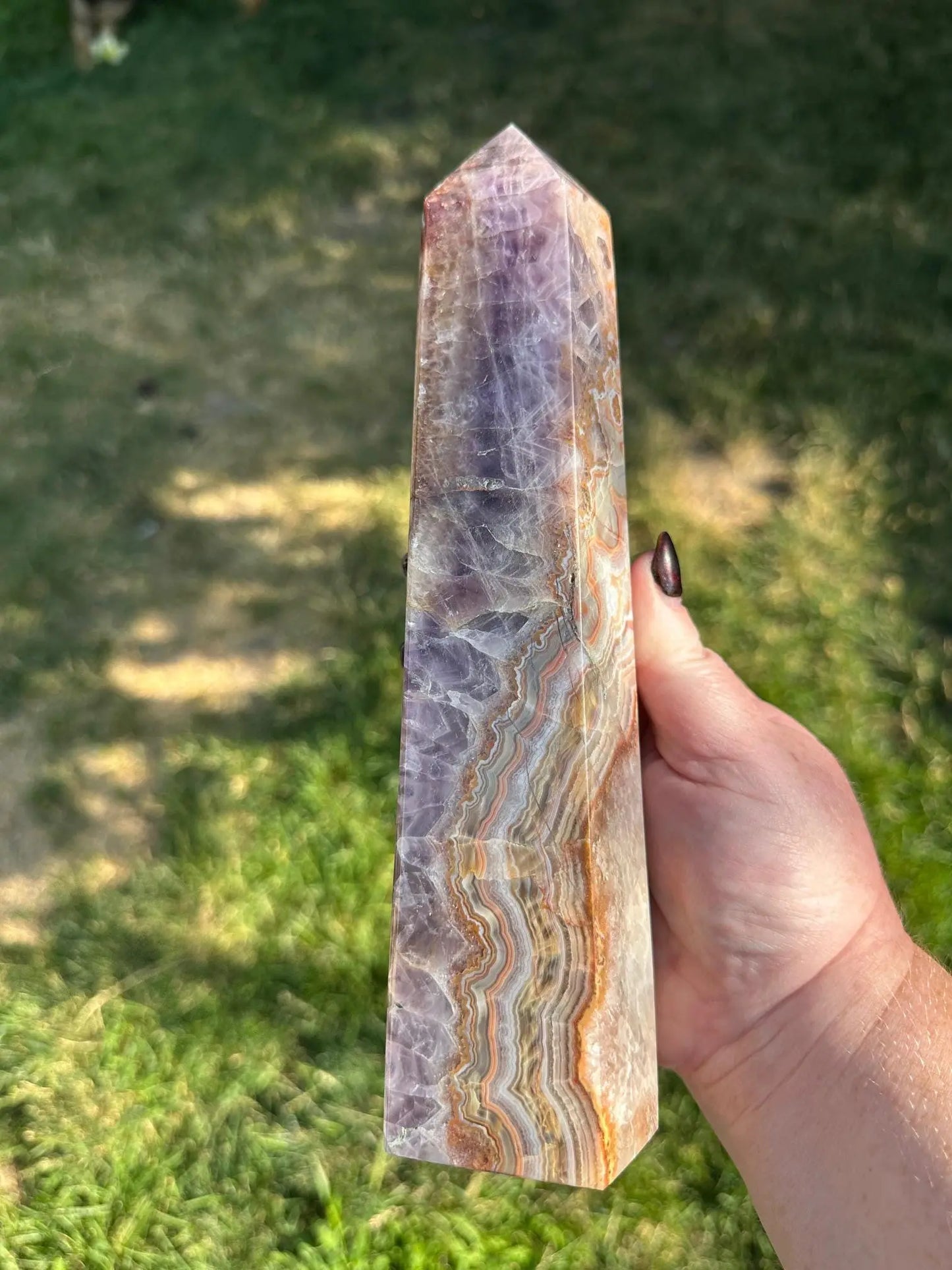 Amethyst and Crazy Lace Agate tower 10  inches tall 3LBS Oakriver Crystals