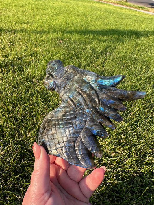 Flash Blue Labradorite Crystal Dragon Carving – 4.6 Inches Tall, 1 lb 6 oz – Unique Healing Crystal Sculpture self standing