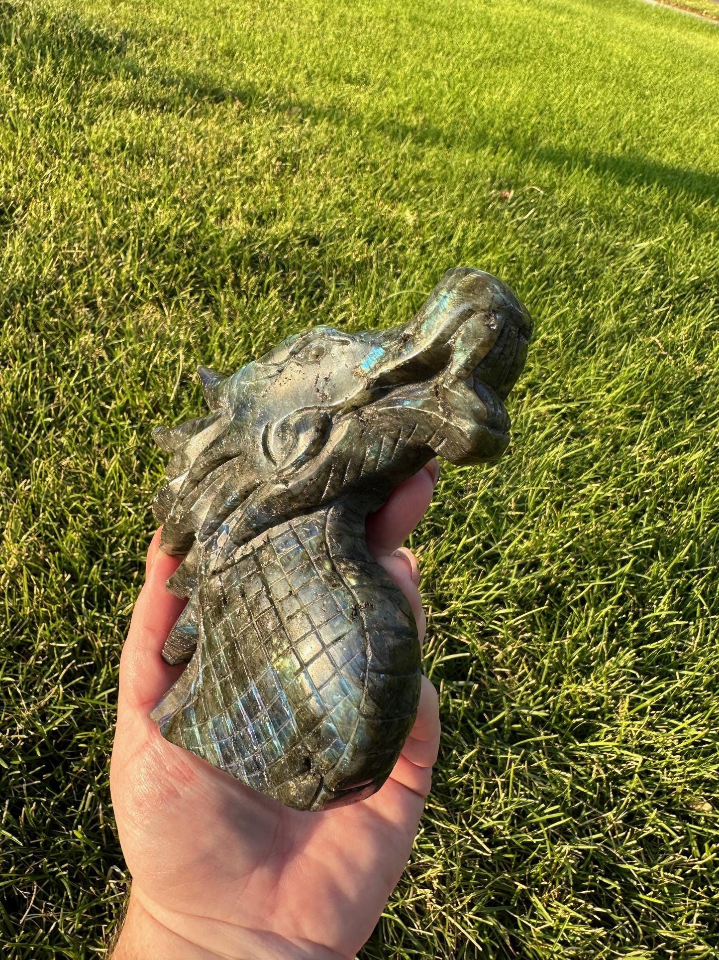 Flash Blue Labradorite Crystal Dragon Carving – 4.6 Inches Tall, 1 lb 6 oz – Unique Healing Crystal Sculpture self standing