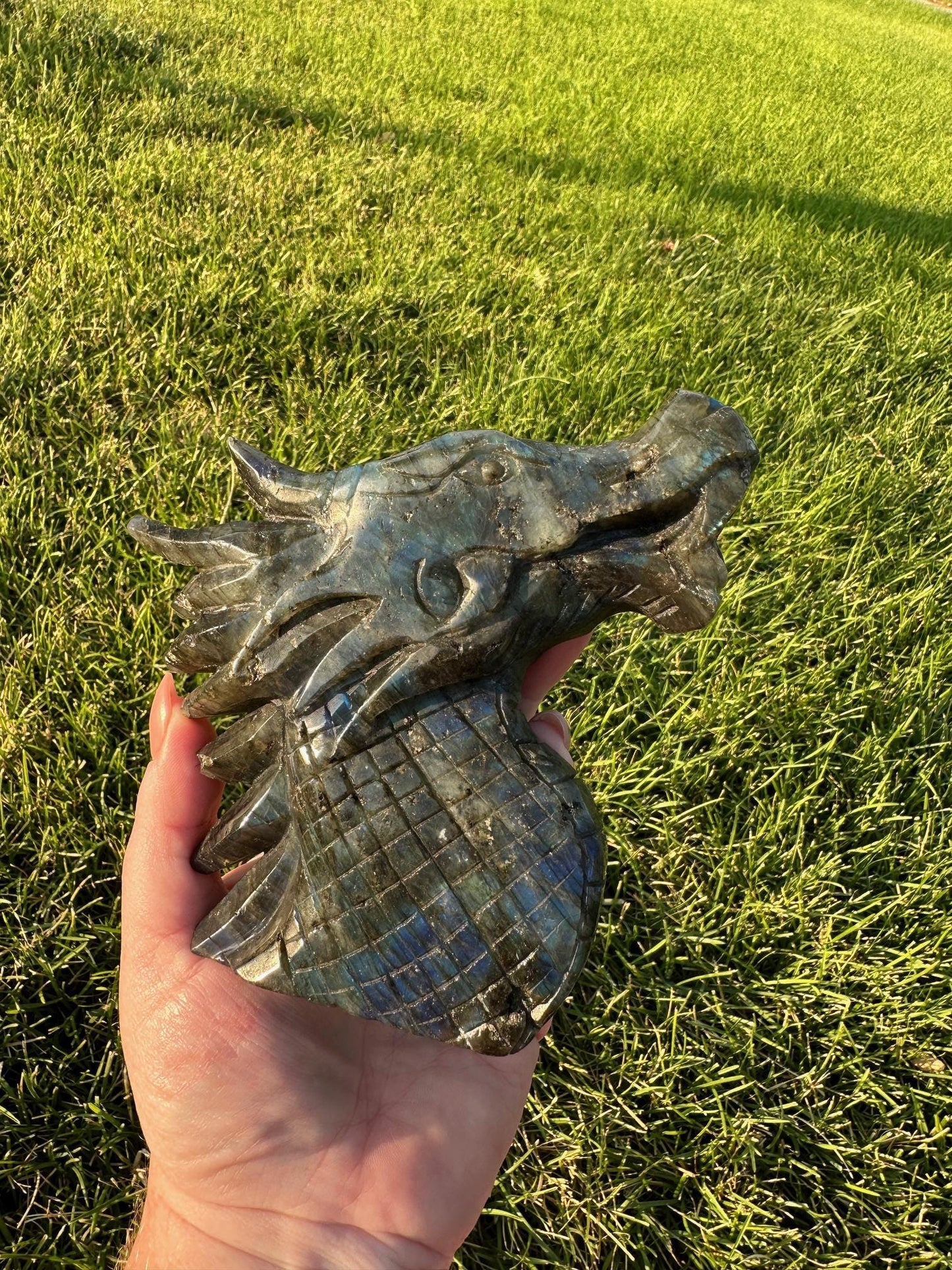 Flash Blue Labradorite Crystal Dragon Carving – 4.6 Inches Tall, 1 lb 6 oz – Unique Healing Crystal Sculpture self standing