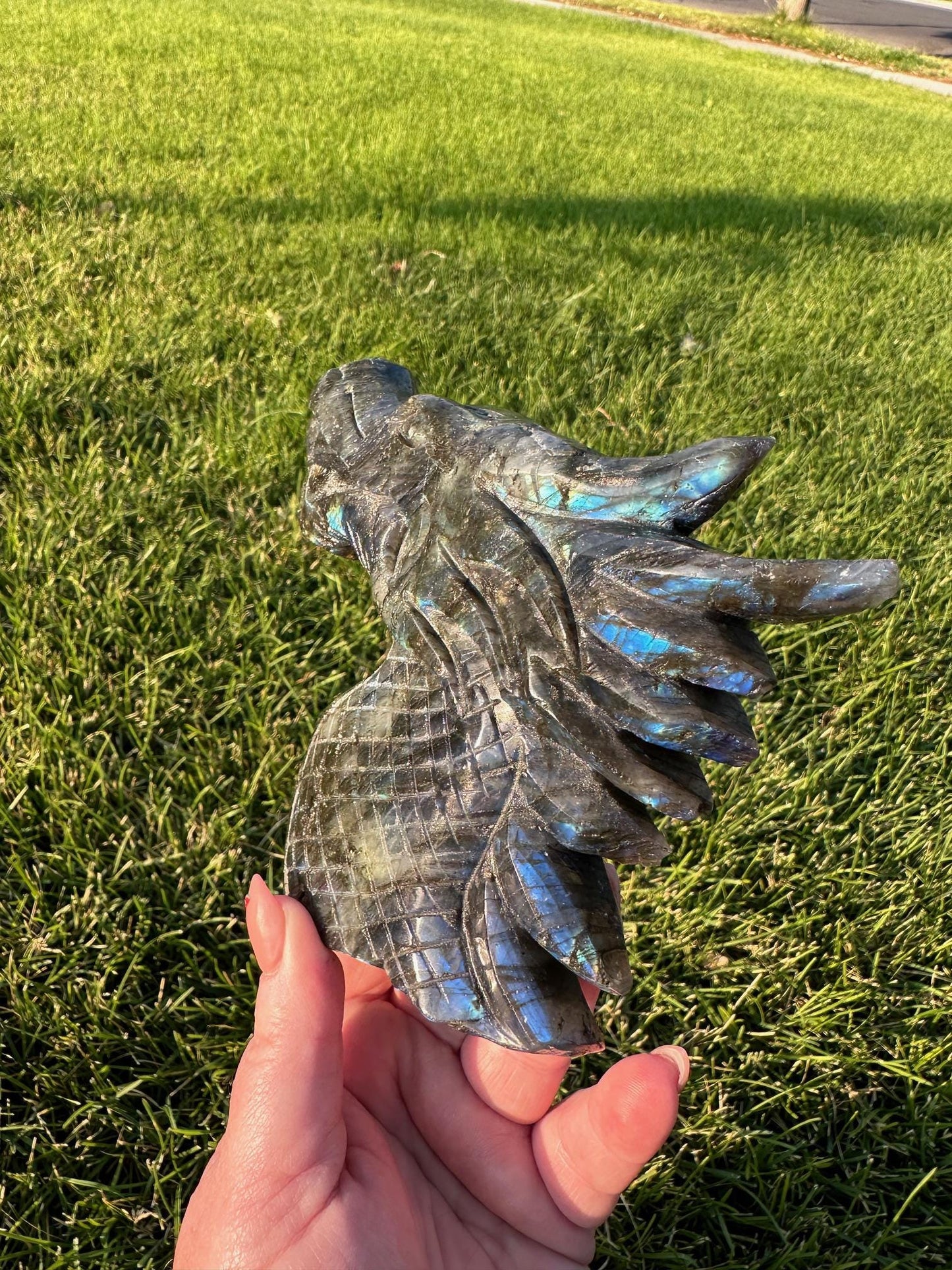 Flash Blue Labradorite Crystal Dragon Carving – 4.6 Inches Tall, 1 lb 6 oz – Unique Healing Crystal Sculpture self standing