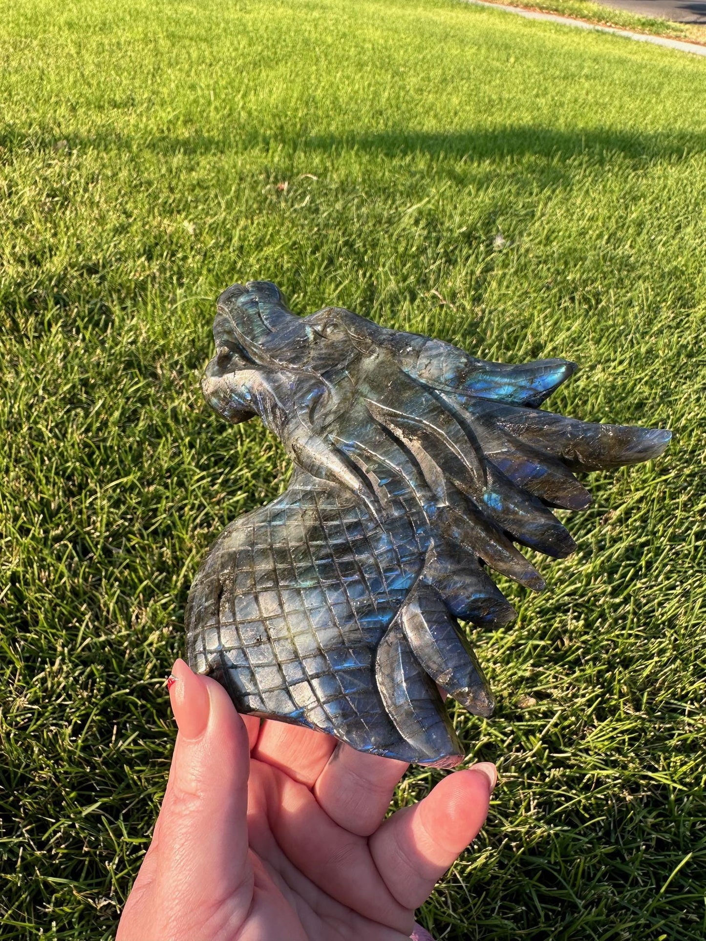 Flash Blue Labradorite Crystal Dragon Carving – 4.6 Inches Tall, 1 lb 6 oz – Unique Healing Crystal Sculpture self standing