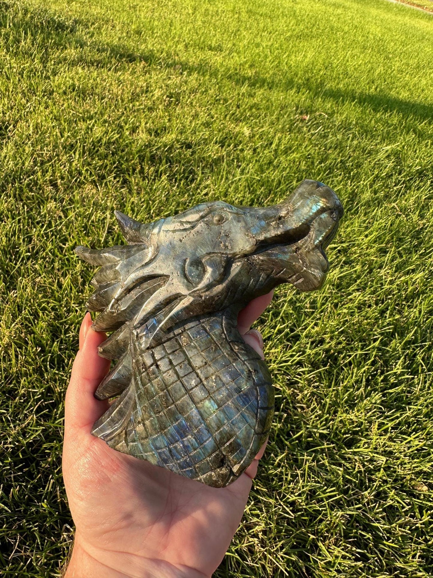 Flash Blue Labradorite Crystal Dragon Carving – 4.6 Inches Tall, 1 lb 6 oz – Unique Healing Crystal Sculpture self standing