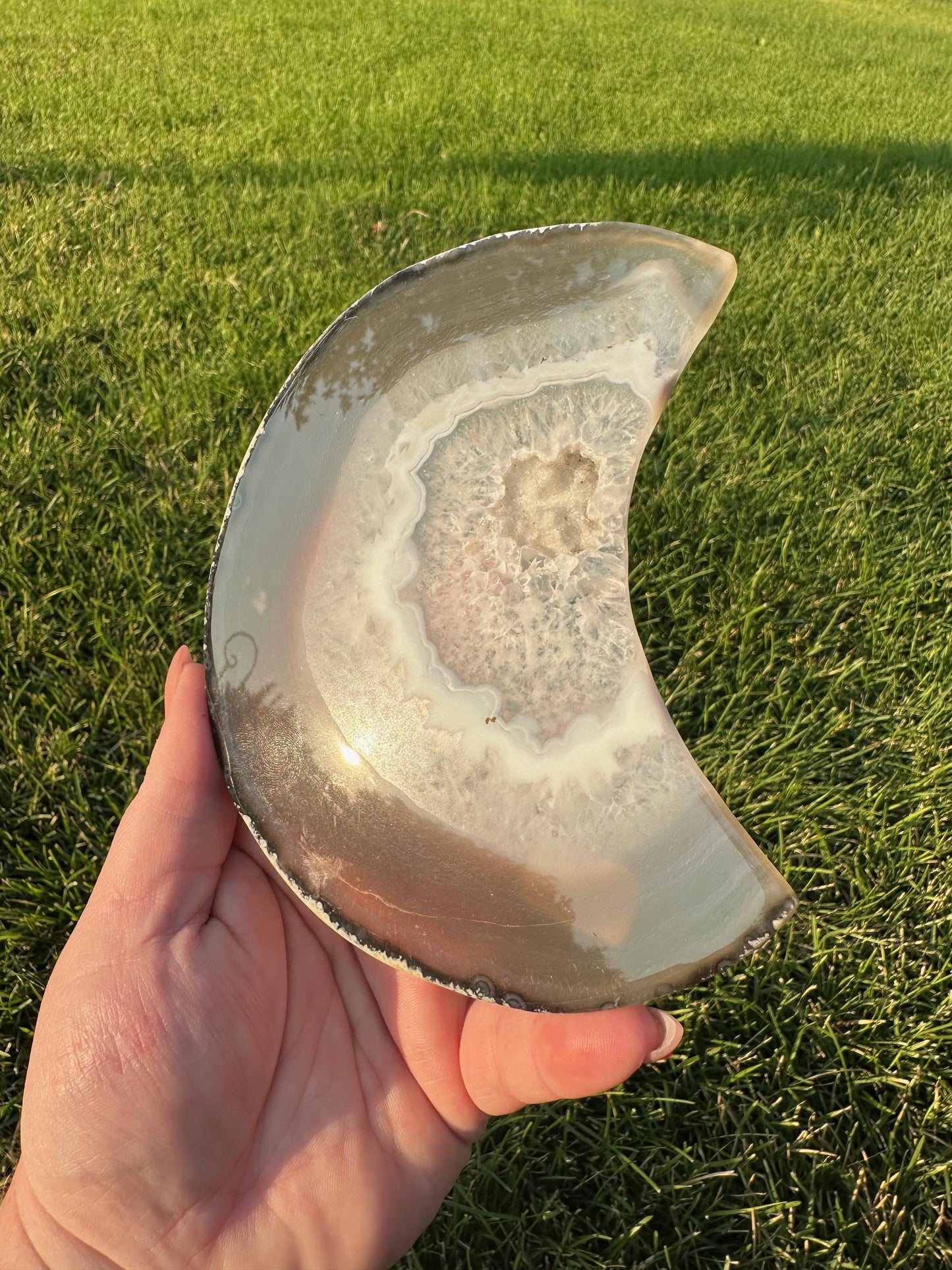 Druzy Agate Moon Crystal Carving – 5.3 Inches