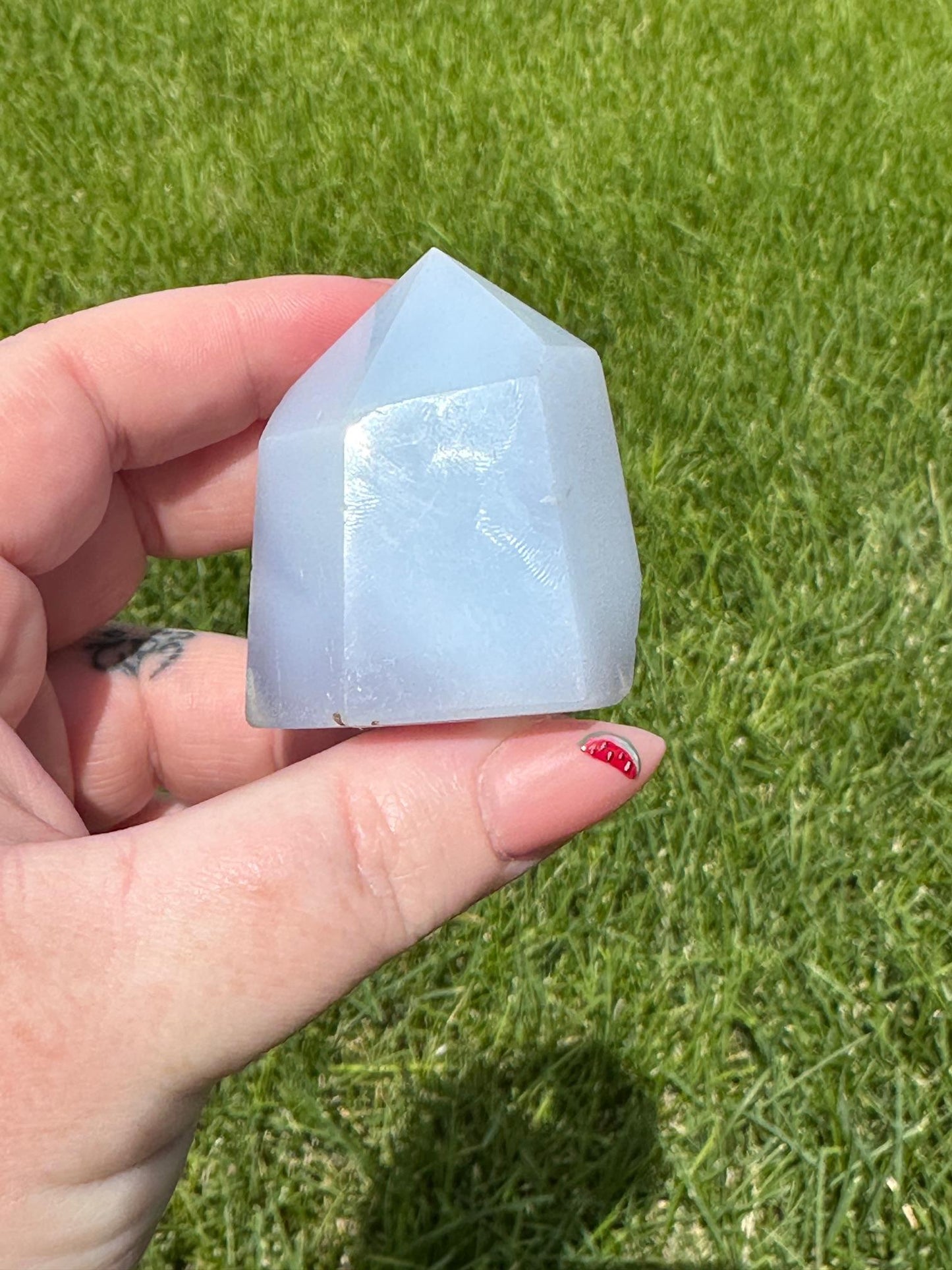 Blue Chalcedony Tower – 3 oz, 1.7 Inches Tall – Calming and Healing Crystal