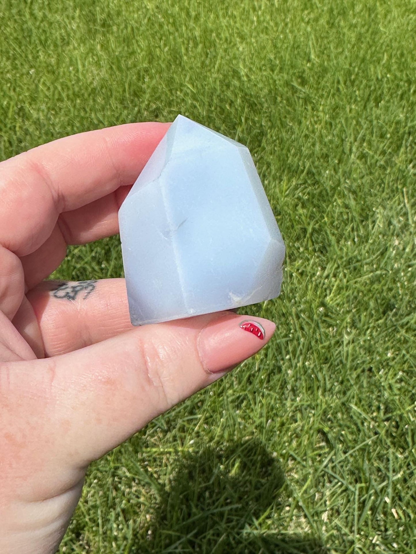 Blue Chalcedony Tower – 3 oz, 1.7 Inches Tall – Calming and Healing Crystal