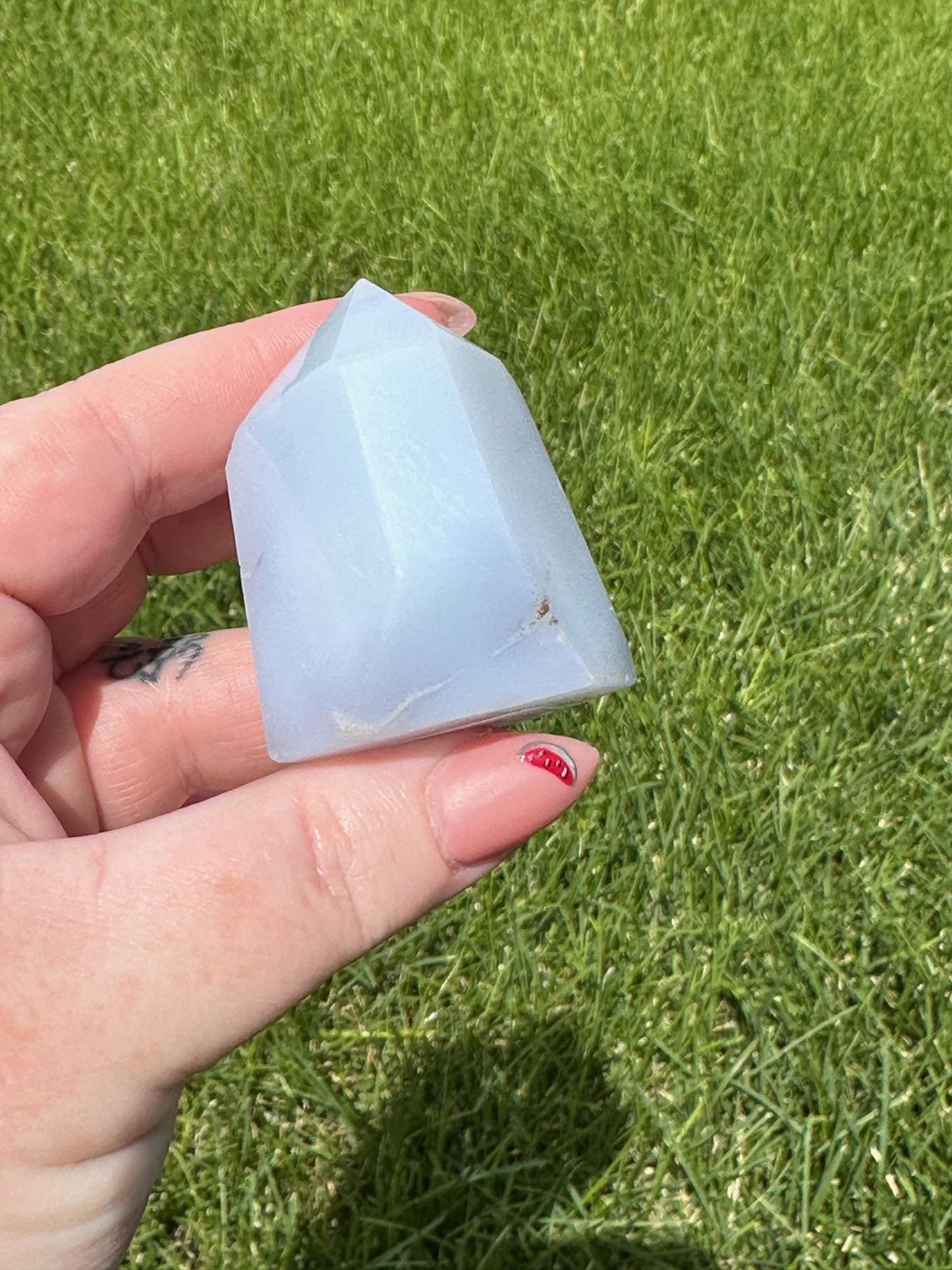 Blue Chalcedony Tower – 3 oz, 1.7 Inches Tall – Calming and Healing Crystal