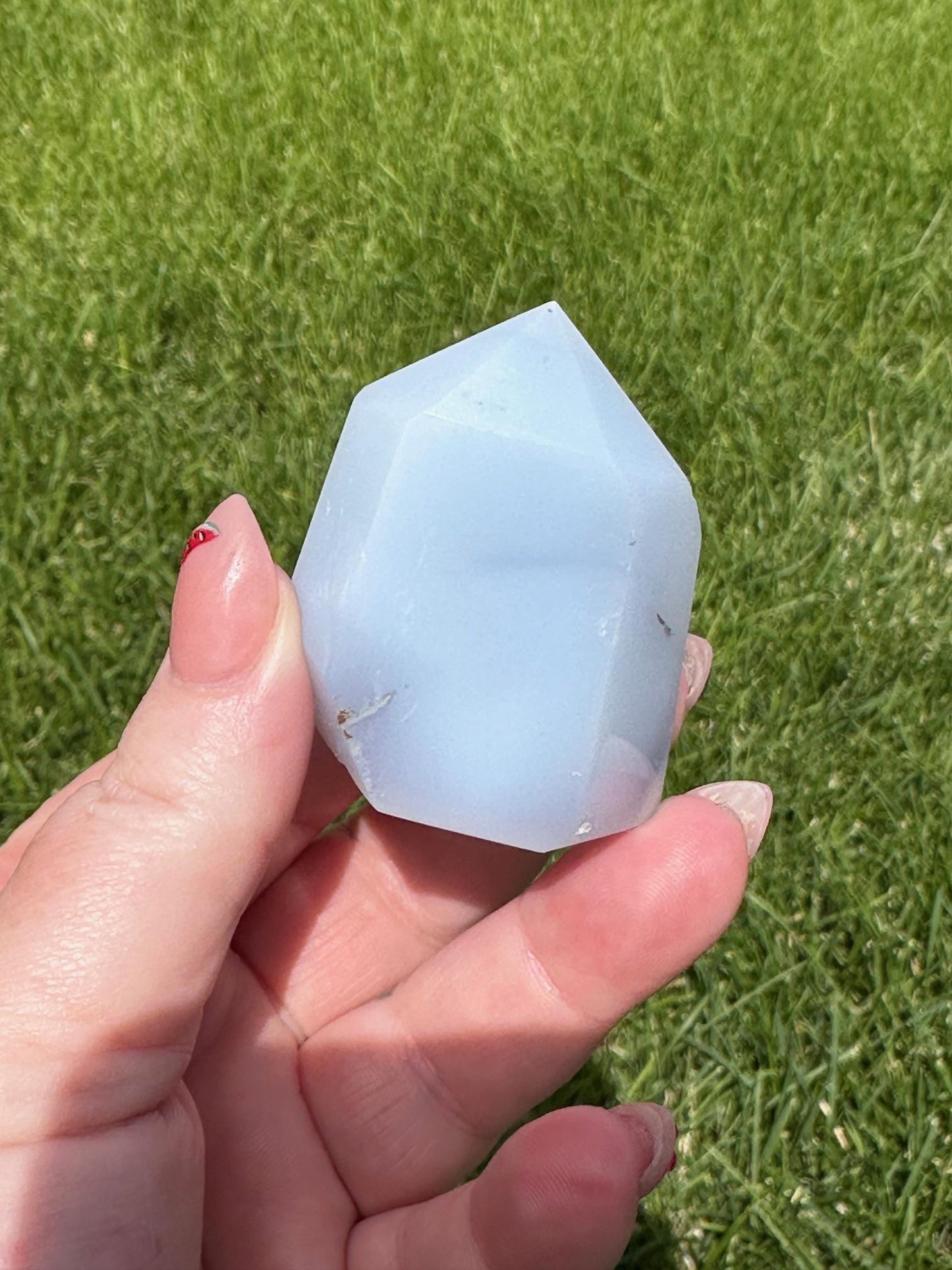 Blue Chalcedony Tower – 3 oz, 1.7 Inches Tall – Calming and Healing Crystal