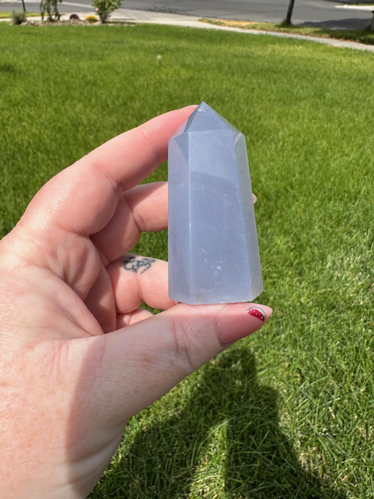 Blue Chalcedony Tower – 2 oz, 2.3 Inches Tall – Calming and Healing Crystal