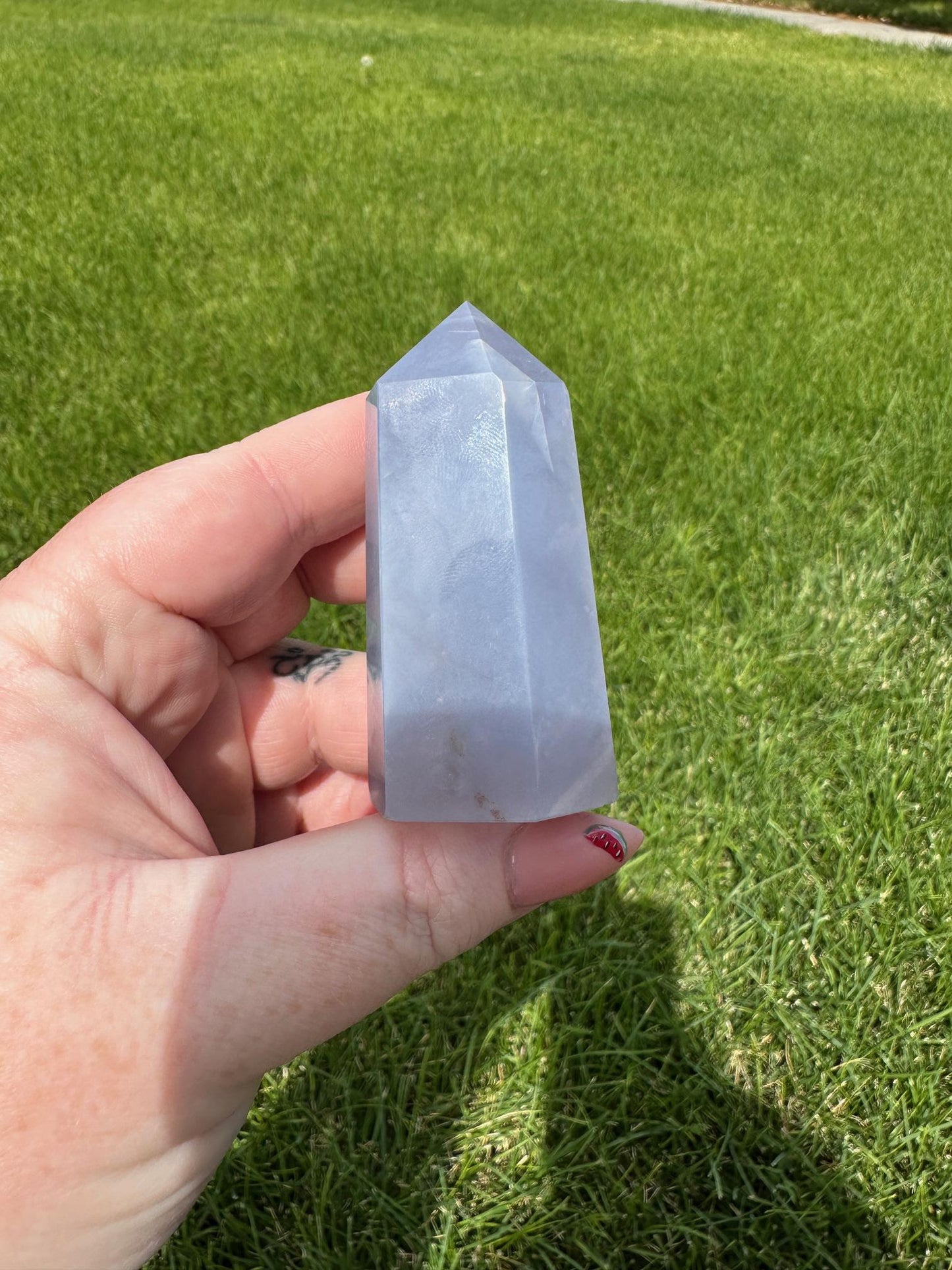 Blue Chalcedony Tower – 2 oz, 2.3 Inches Tall – Calming and Healing Crystal