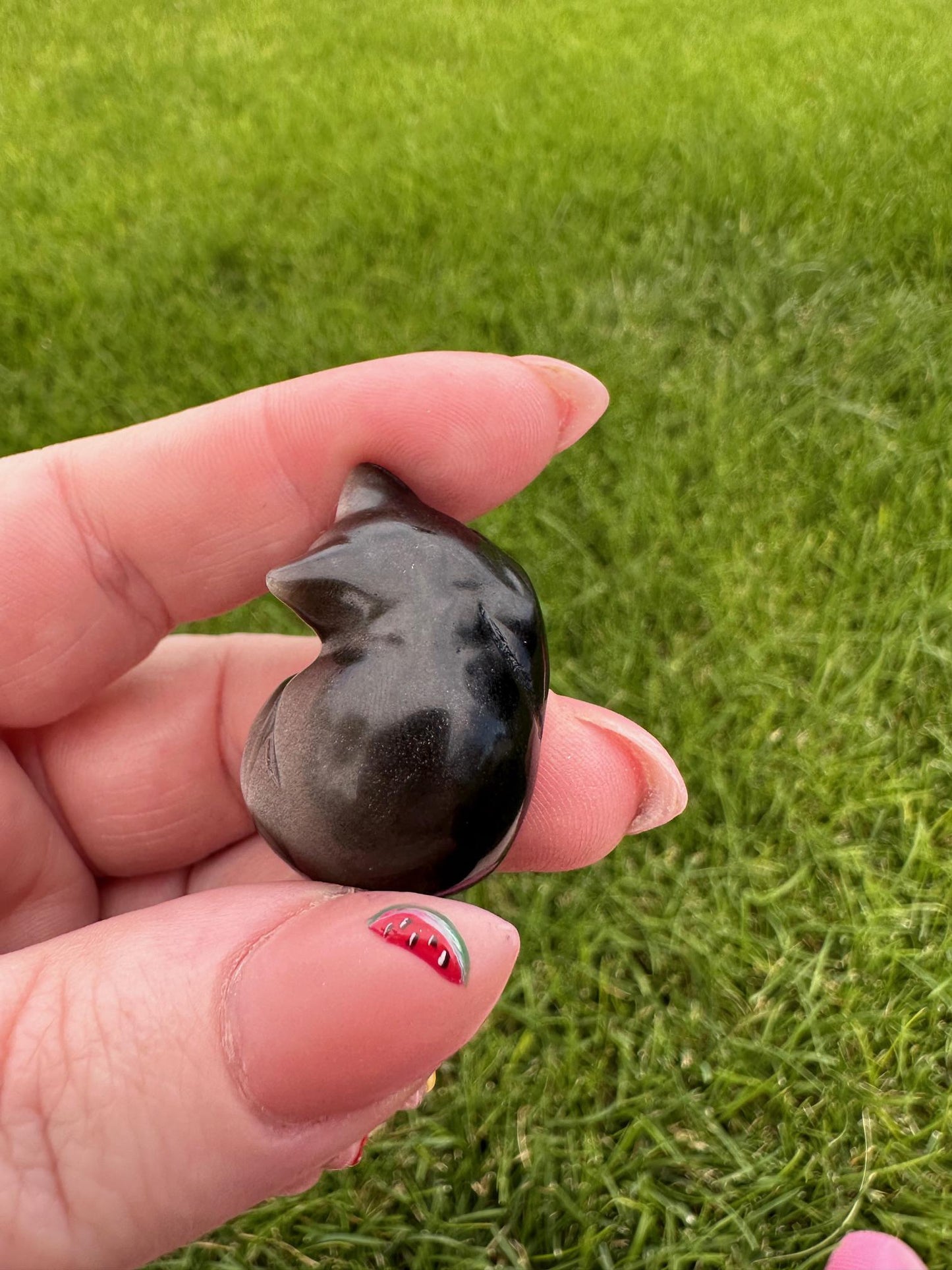 Silver Sheen Obsidian Sleeping Kitten Crystal Carving – 1 Inch – Adorable and Protective Stone