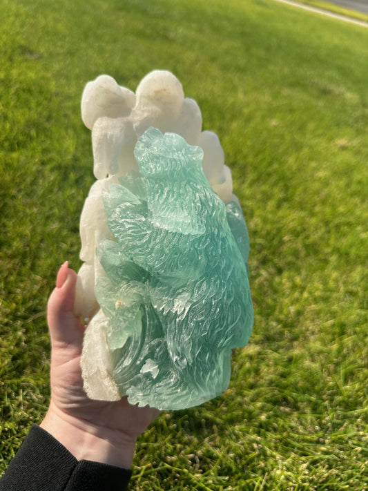 Druzy Fluorite and Calcite Hand Carved Crystal Bear 7+ LBS