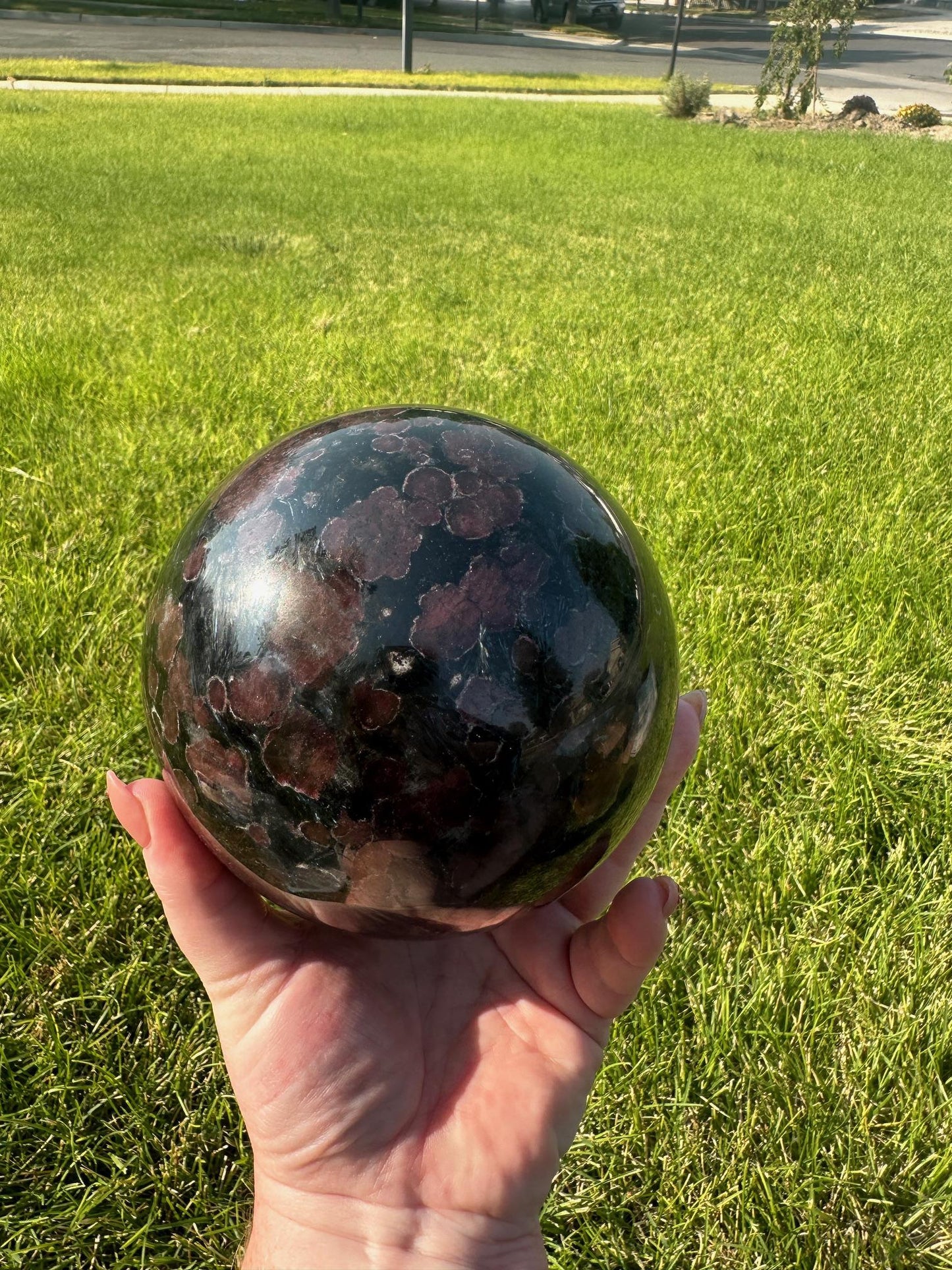 Astrophyllite and Garnet Sphere – 7 lbs 15 oz – 4.7 Inches – Unique Healing Crystal Sphere