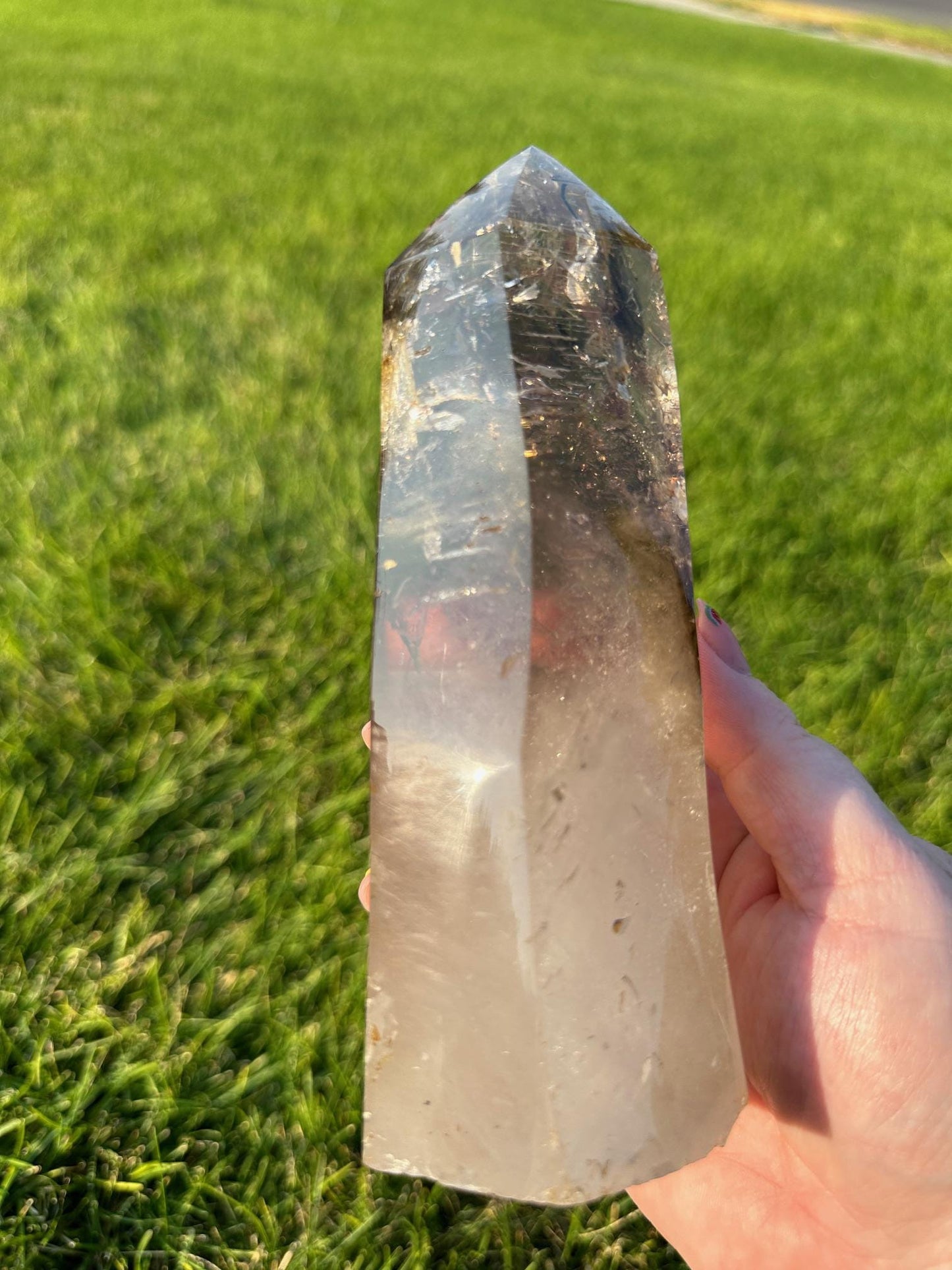 Smoky Enhydro Quartz Tower with large moving water bubble and rainbows - 6.5 Inches Tall, 2lbs 12oz