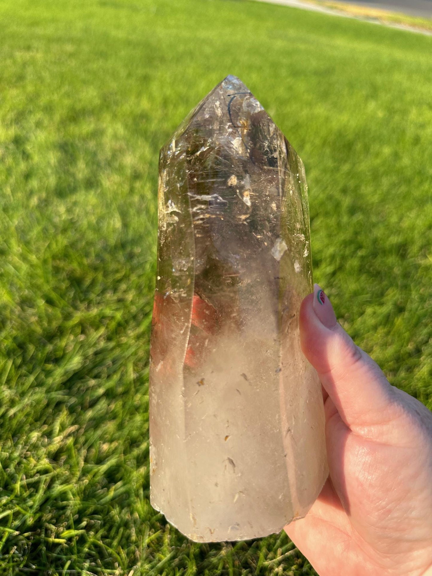 Smoky Enhydro Quartz Tower with large moving water bubble and rainbows - 6.5 Inches Tall, 2lbs 12oz