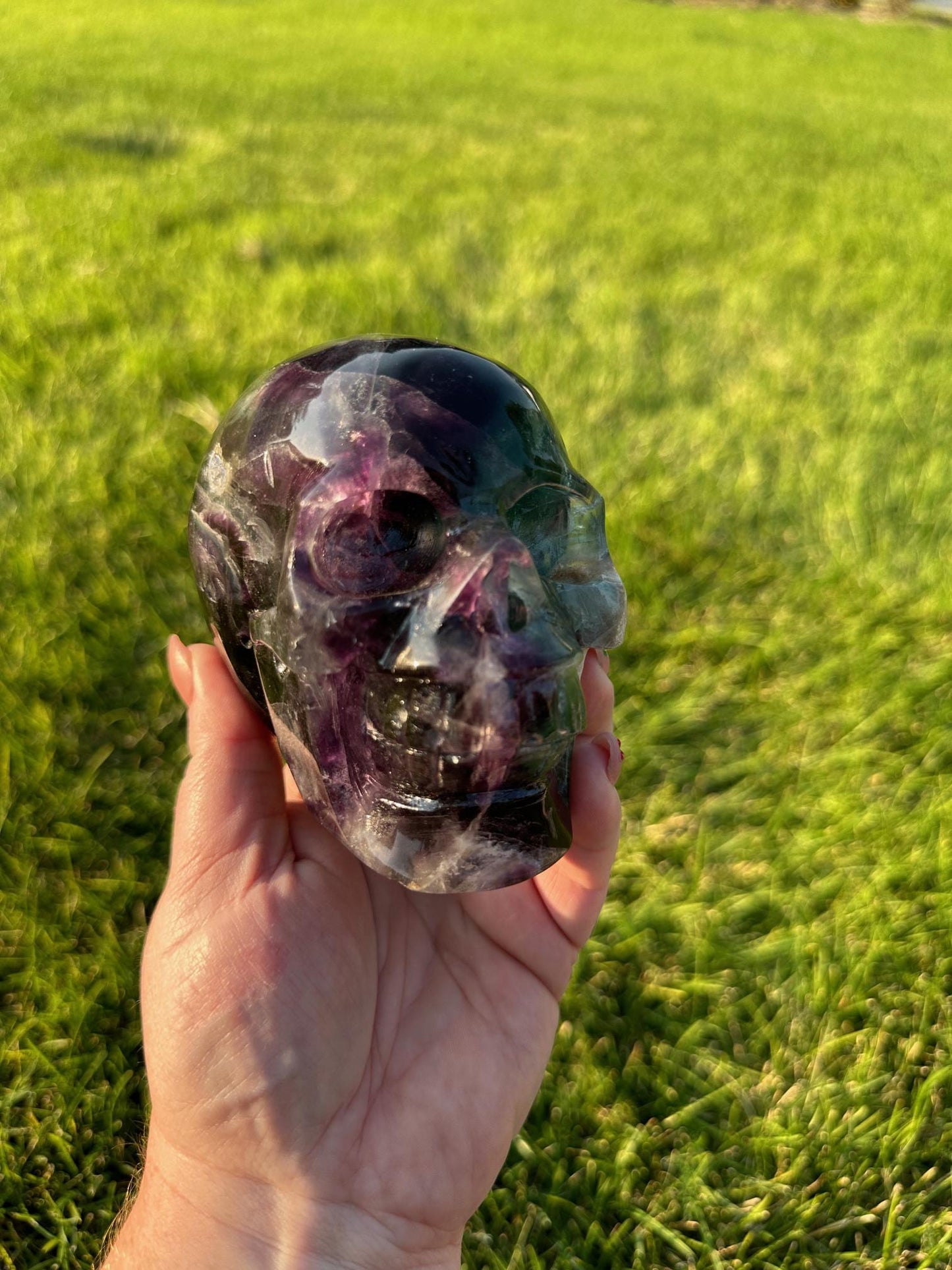 Purple and Green Fluorite Crystal Skull Carving - 3 Inches Tall, 2lbs 14oz