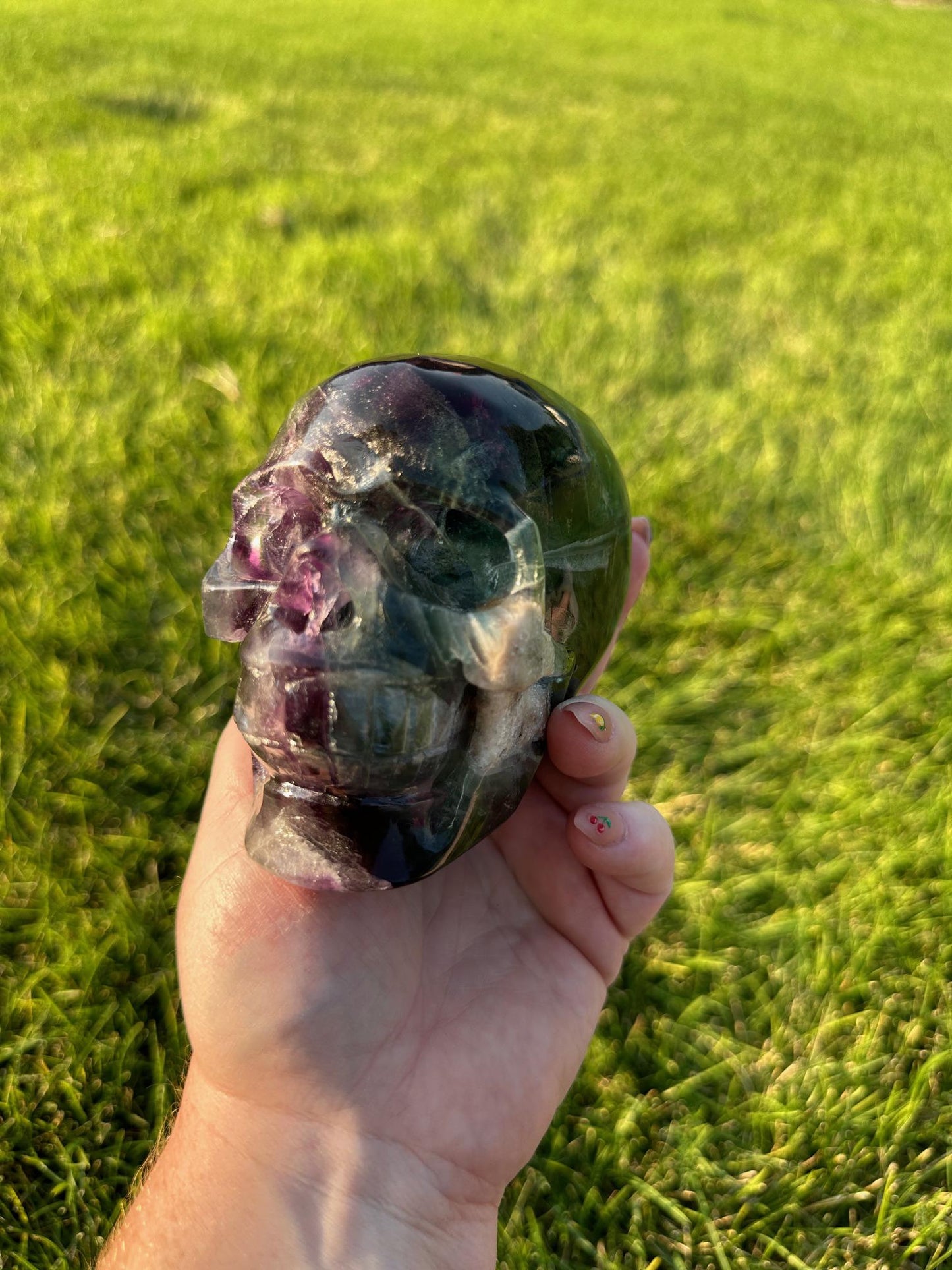 Purple and Green Fluorite Crystal Skull Carving - 3 Inches Tall, 2lbs 14oz