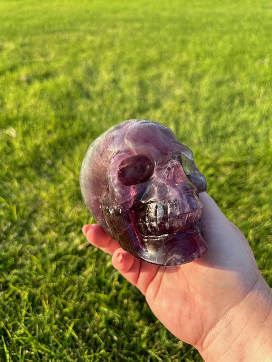 Purple and Green Fluorite Crystal Skull Carving - 3.5 Inches Tall, 3lbs 2oz