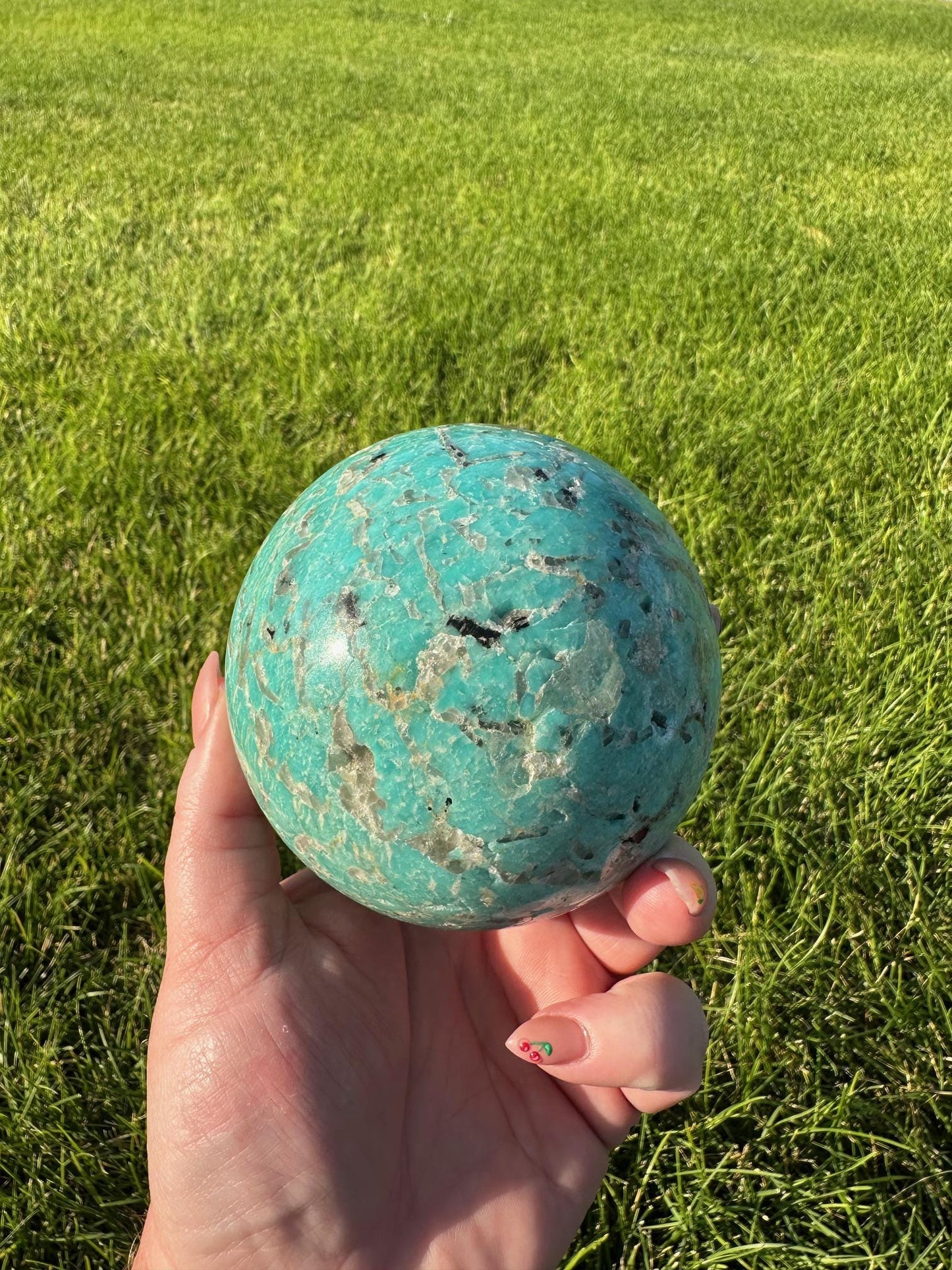 Graphic Amazonite Sphere - 3.4 Inch Diameter, 2lb 8oz Smokey Quartz in Amazonite