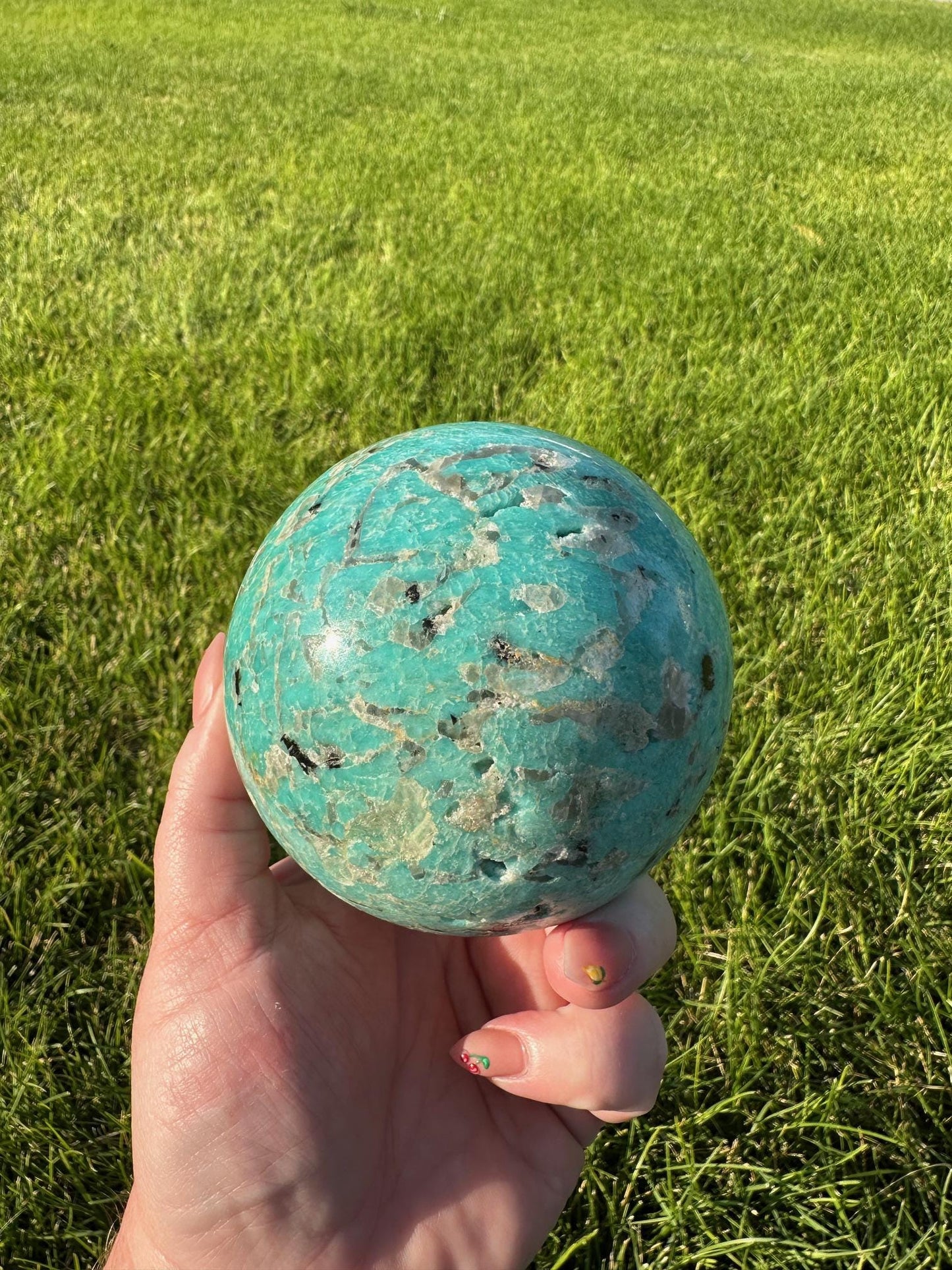 Graphic Amazonite Sphere - 3.4 Inch Diameter, 2lb 8oz Smokey Quartz in Amazonite