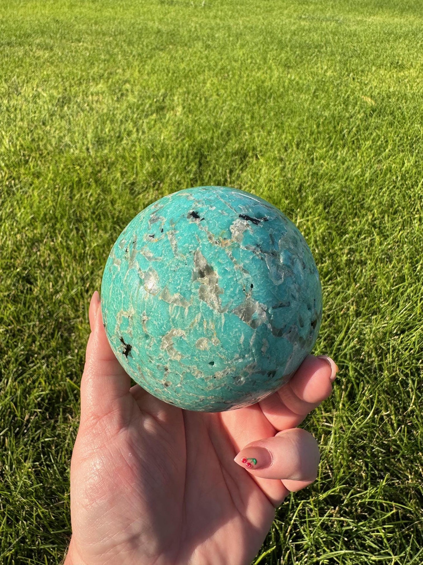 Graphic Amazonite Sphere - 3.4 Inch Diameter, 2lb 8oz Smokey Quartz in Amazonite