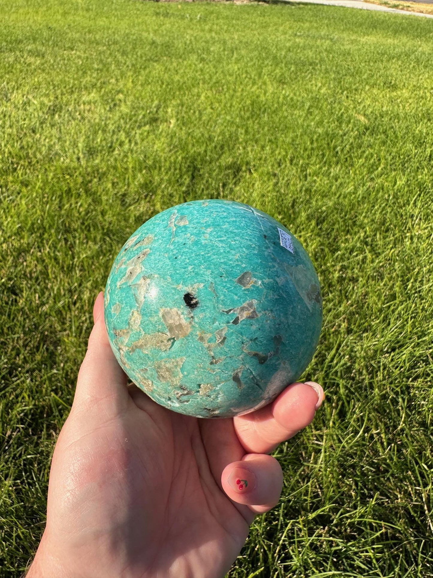 Graphic Amazonite Sphere - 3.4 Inch Diameter, 2lb 8oz Smokey Quartz in Amazonite