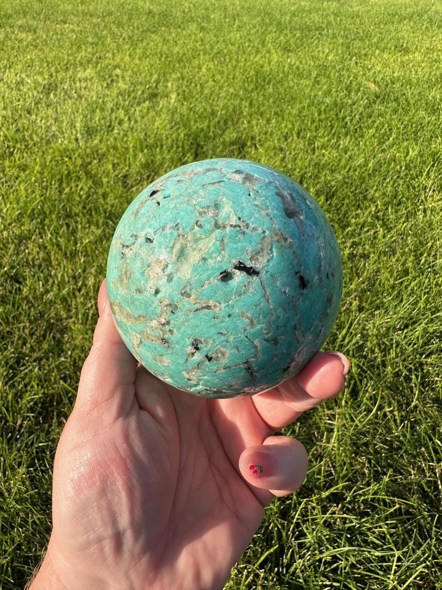 Graphic Amazonite Sphere - 3.4 Inch Diameter, 2lb 8oz Smokey Quartz in Amazonite