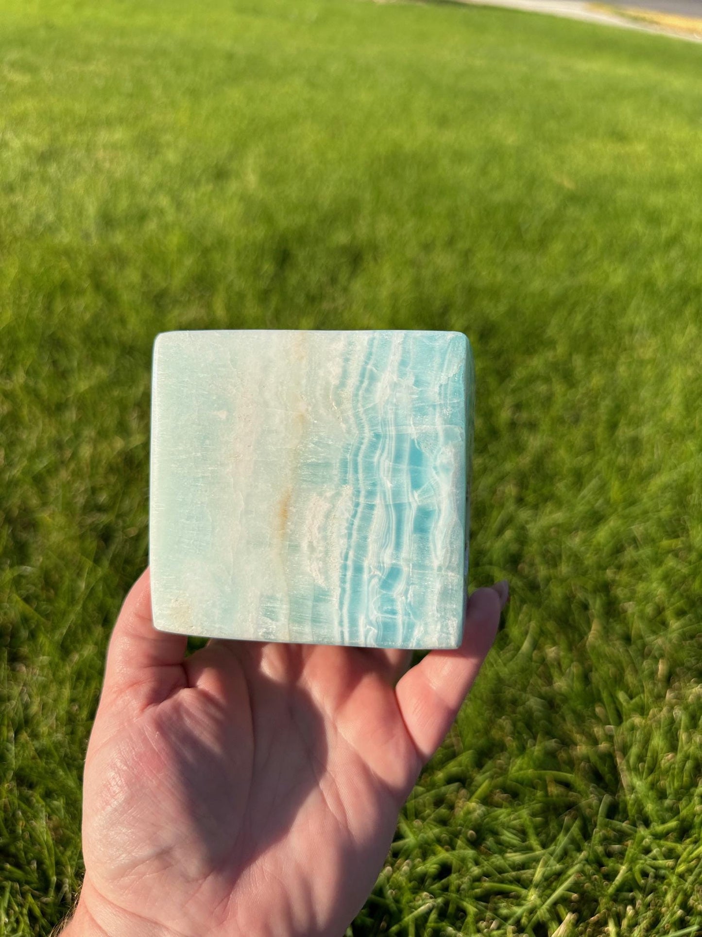 Caribbean Blue Calcite Cube - 3.5 Inches, 3lbs 6oz