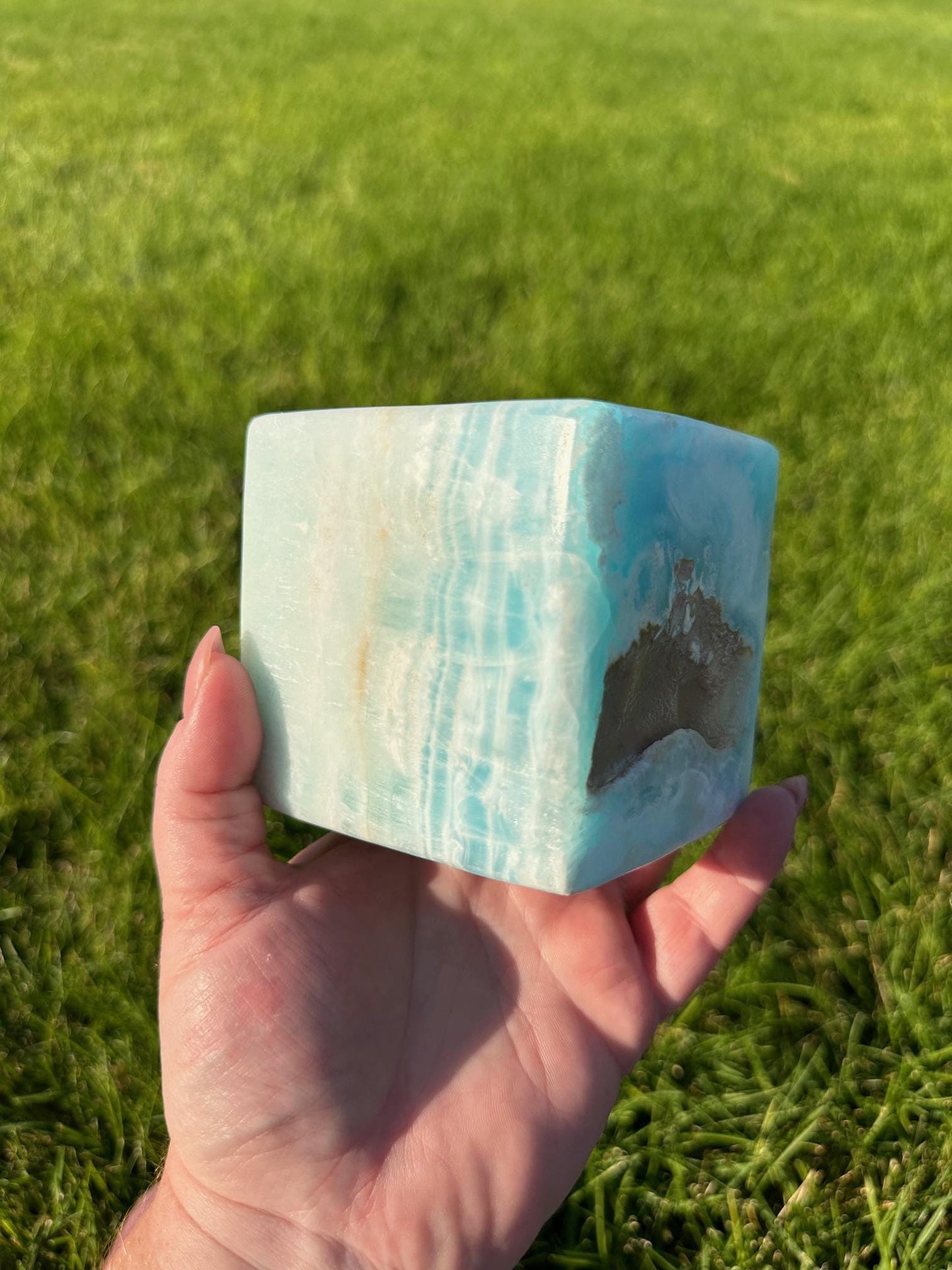 Caribbean Blue Calcite Cube - 3.5 Inches, 3lbs 6oz