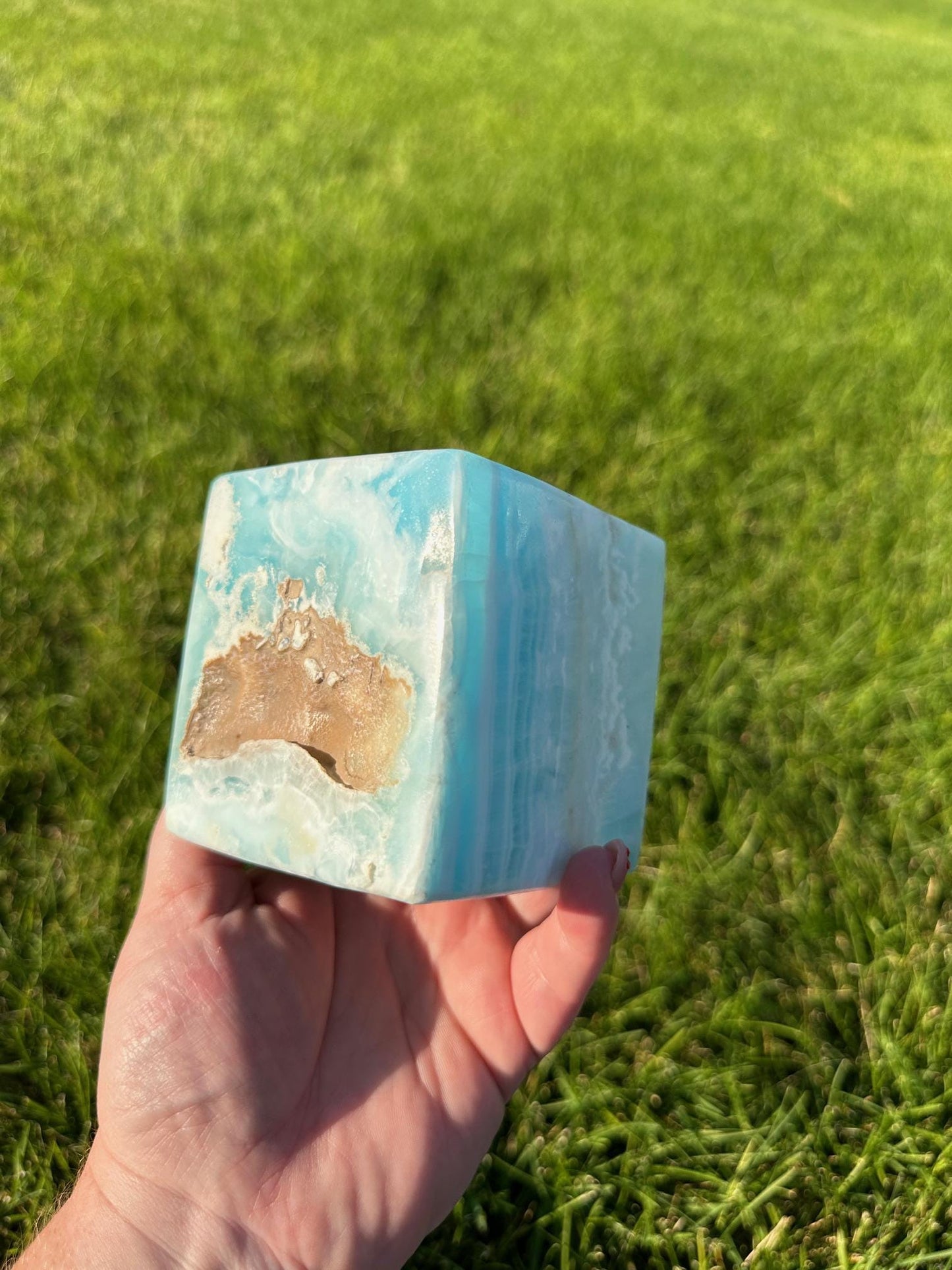 Caribbean Blue Calcite Cube - 3.5 Inches, 3lbs 6oz