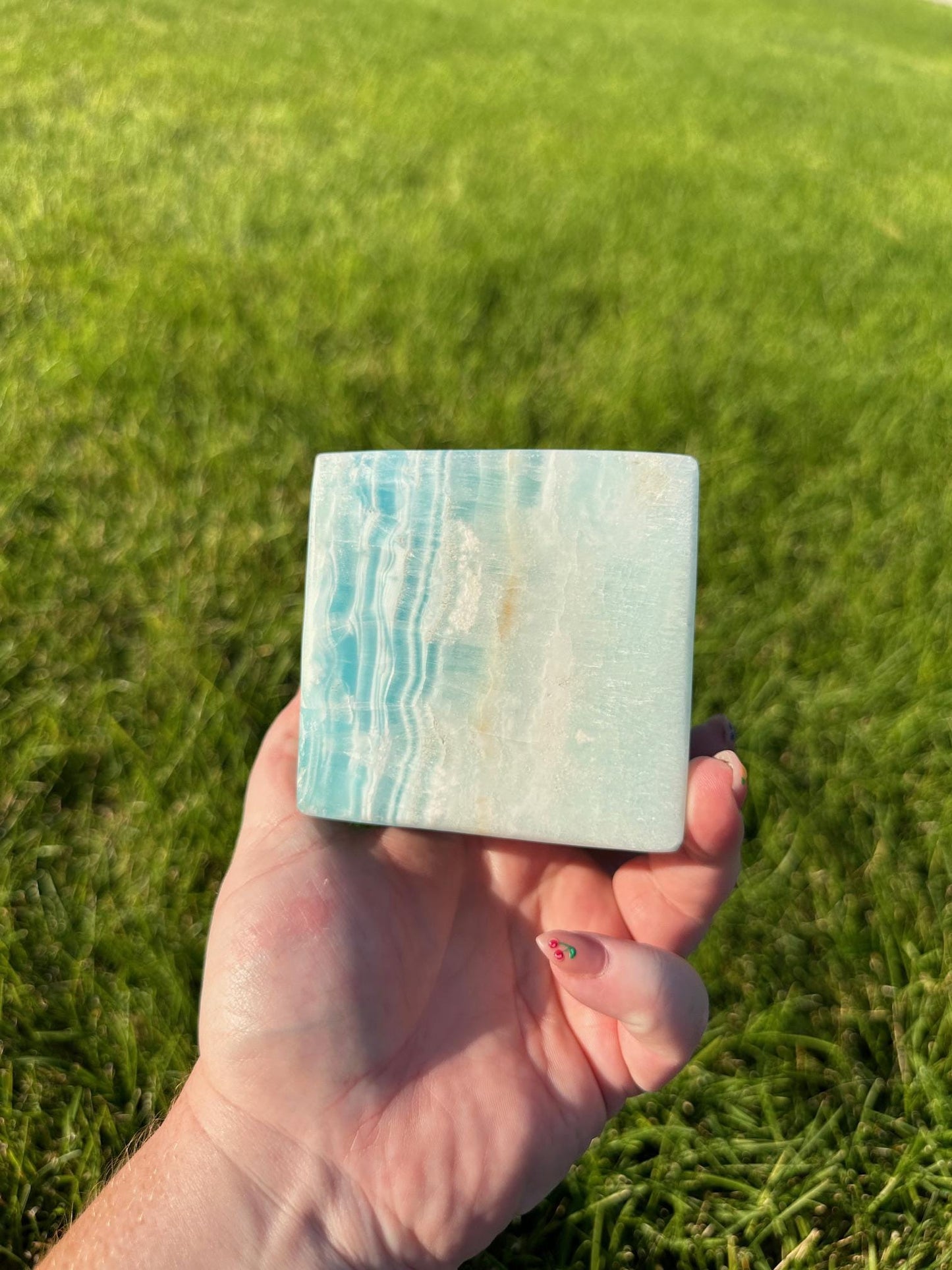 Caribbean Blue Calcite Cube - 3.5 Inches, 3lbs 6oz