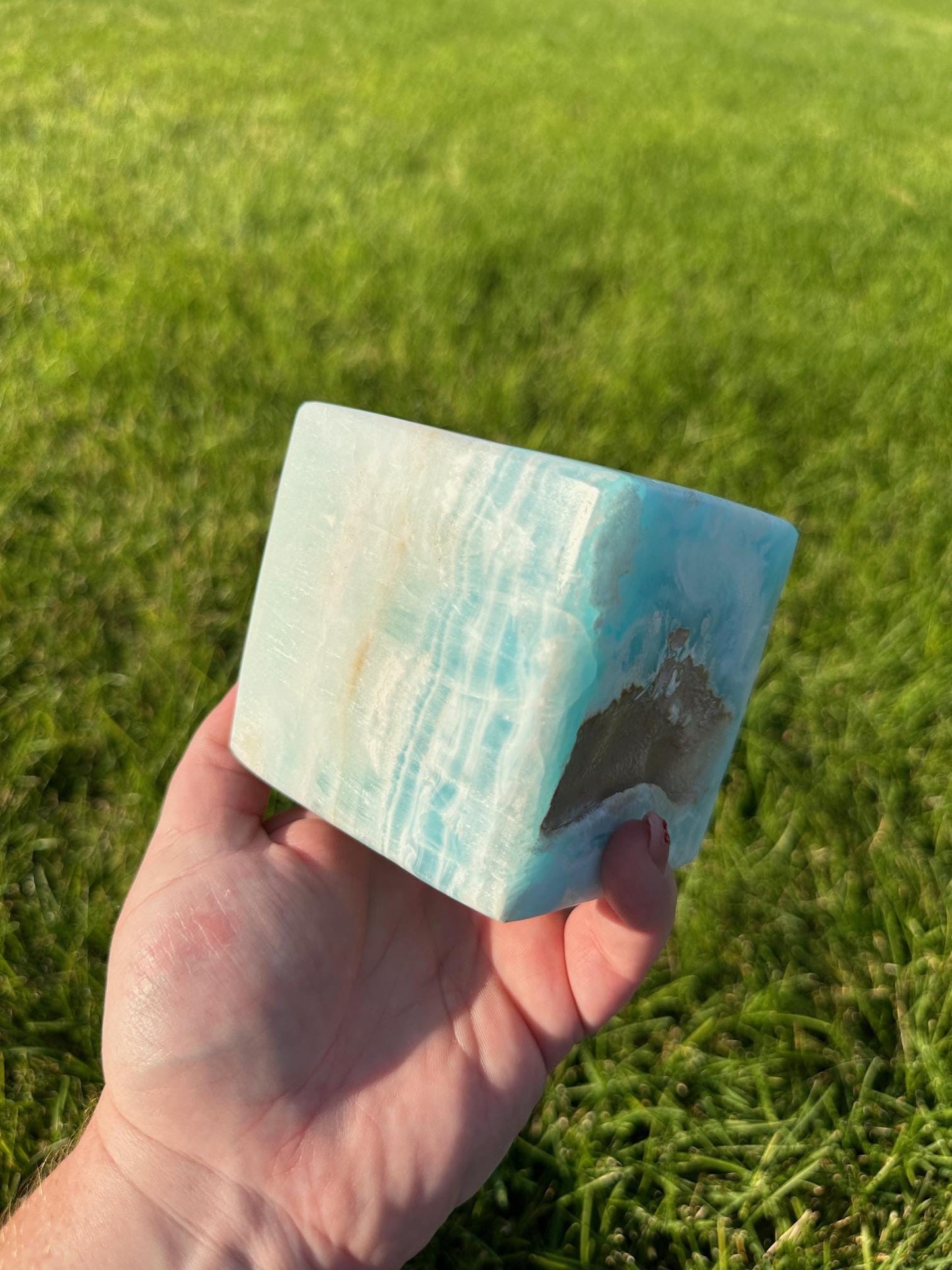 Caribbean Blue Calcite Cube - 3.5 Inches, 3lbs 6oz