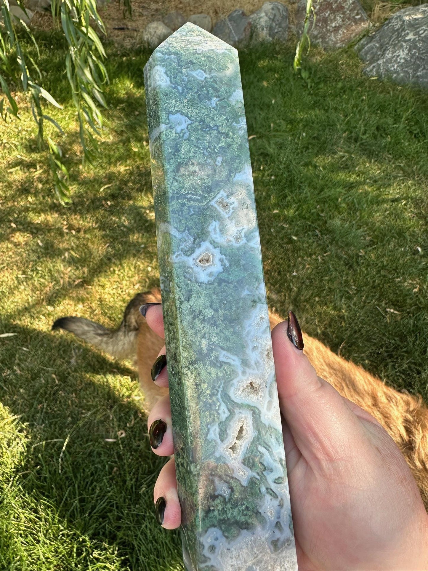 Druzy Moss Agate Tower 12 inches tall