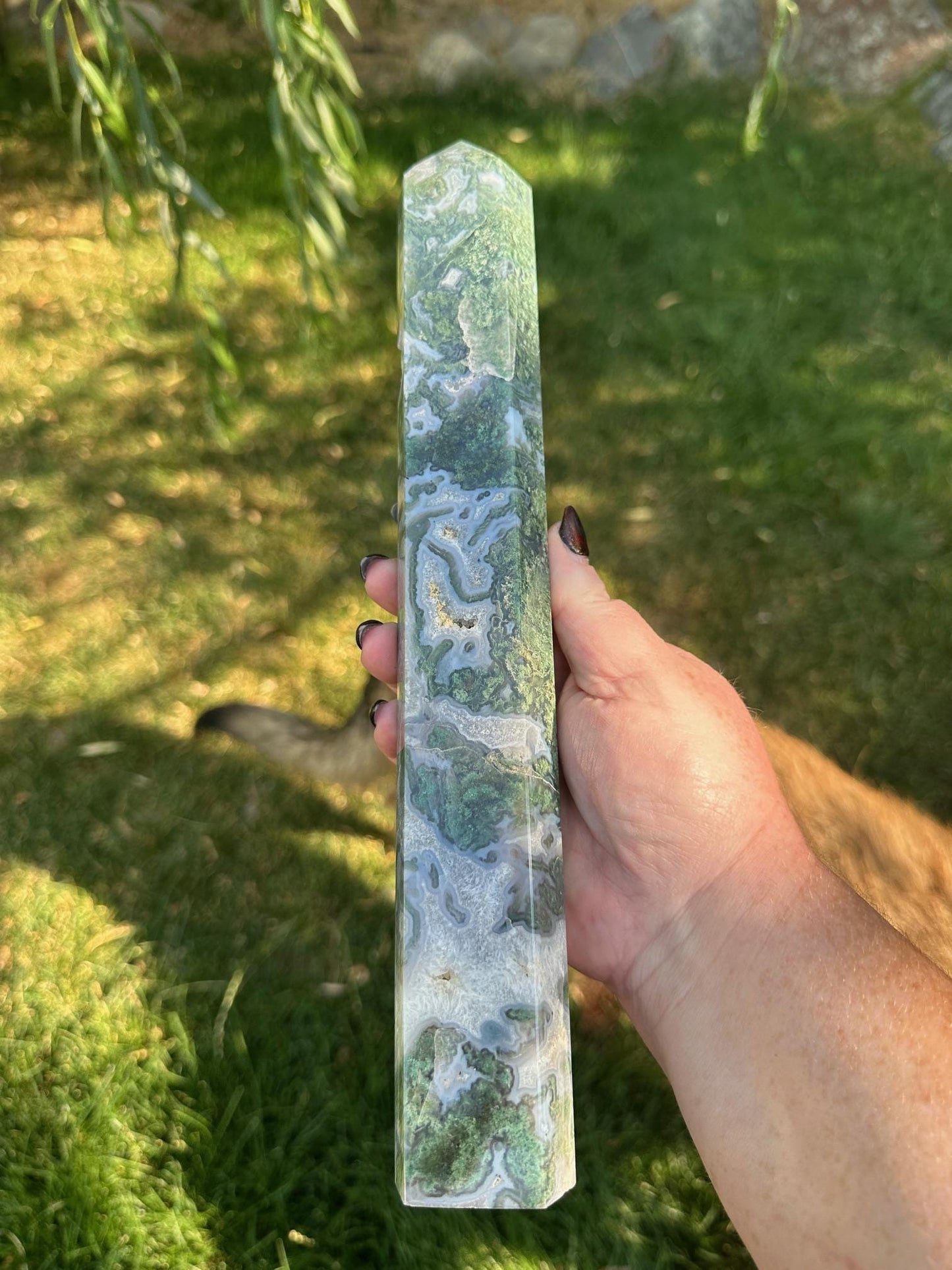 Druzy Moss Agate Tower 12 inches tall