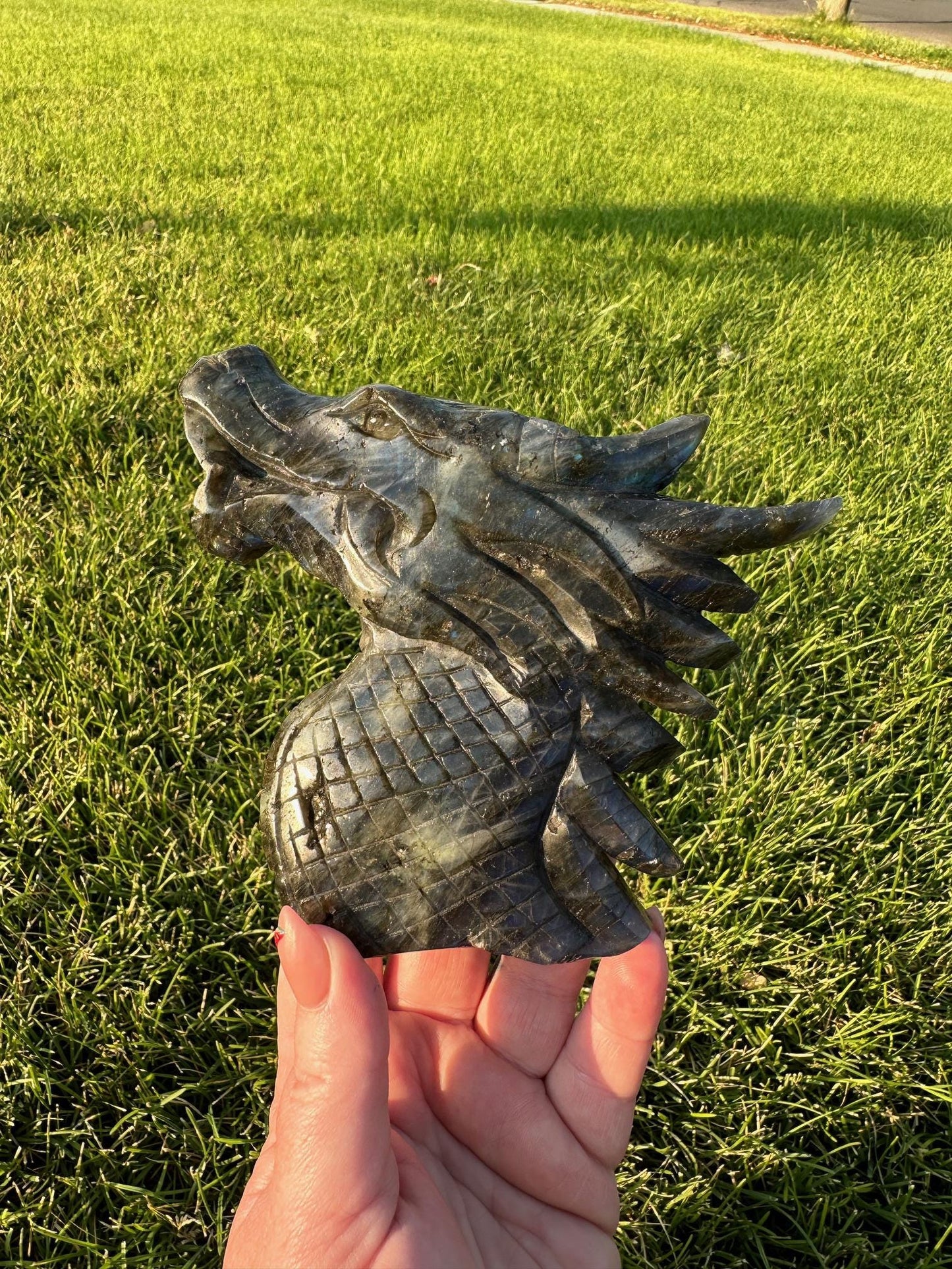 Flash Blue Labradorite Crystal Dragon Carving – 4.6 Inches Tall, 1 lb 6 oz – Unique Healing Crystal Sculpture self standing