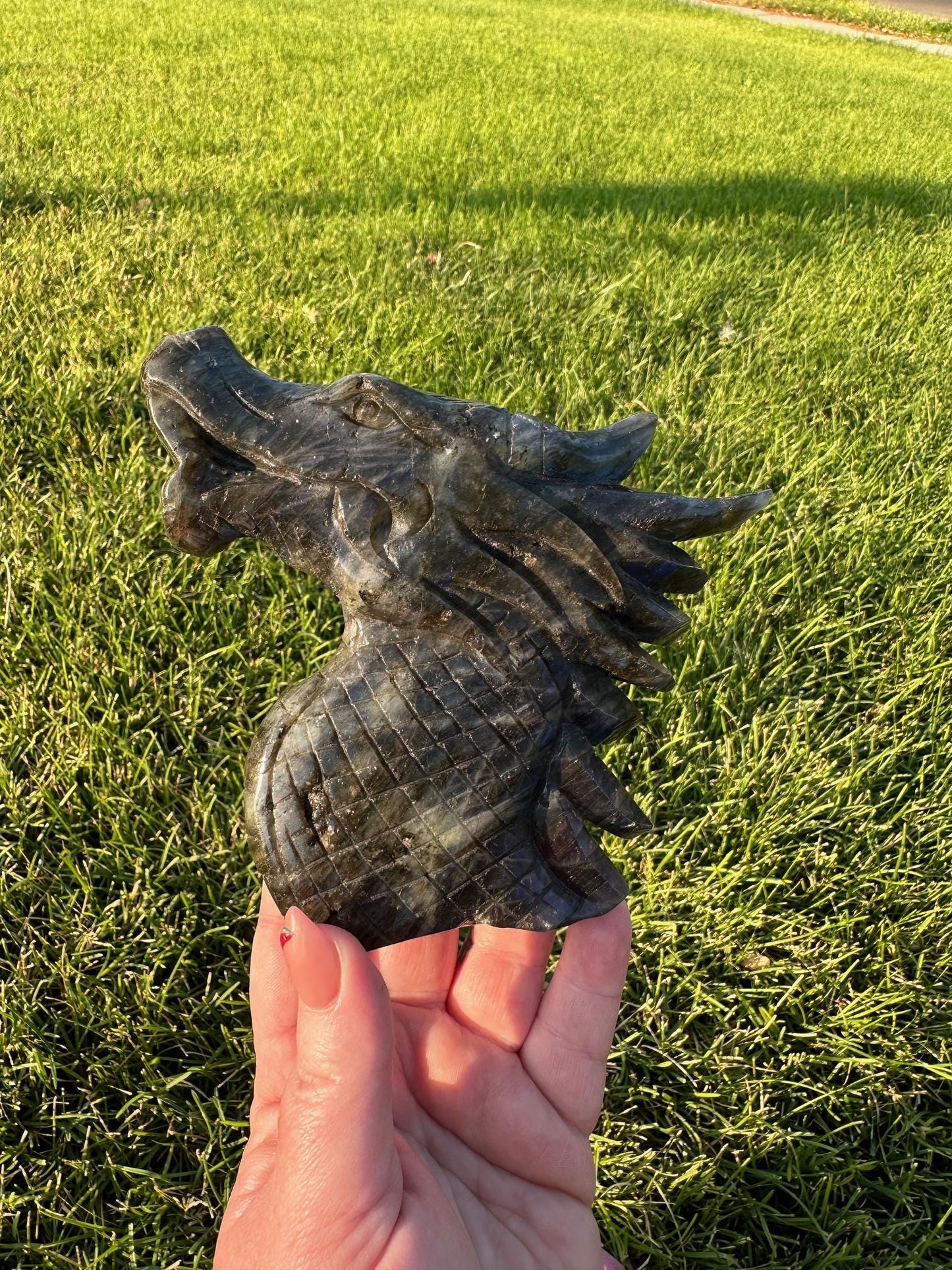 Flash Blue Labradorite Crystal Dragon Carving – 4.6 Inches Tall, 1 lb 6 oz – Unique Healing Crystal Sculpture self standing