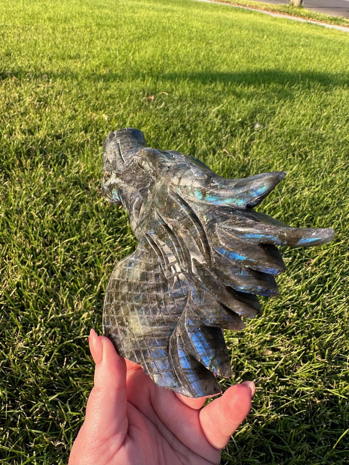 Flash Blue Labradorite Crystal Dragon Carving – 4.6 Inches Tall, 1 lb 6 oz – Unique Healing Crystal Sculpture self standing