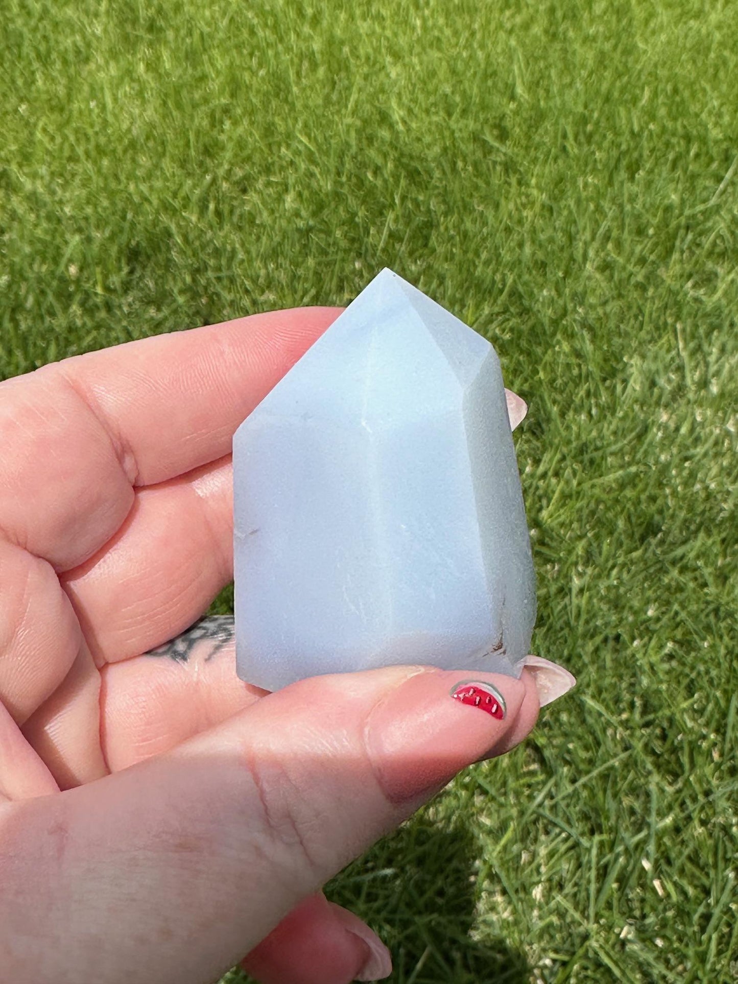 Blue Chalcedony Tower – 3 oz, 1.7 Inches Tall – Calming and Healing Crystal