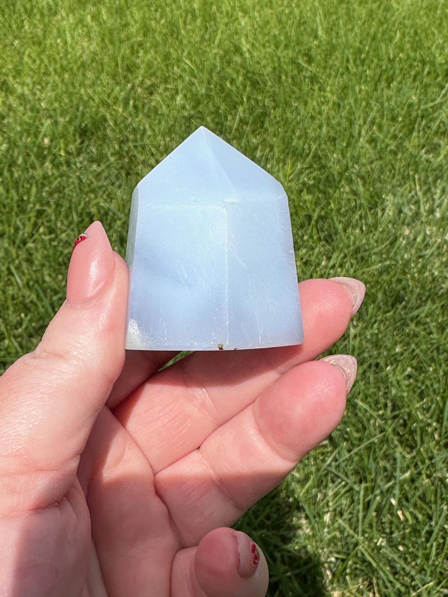 Blue Chalcedony Tower – 3 oz, 1.7 Inches Tall – Calming and Healing Crystal