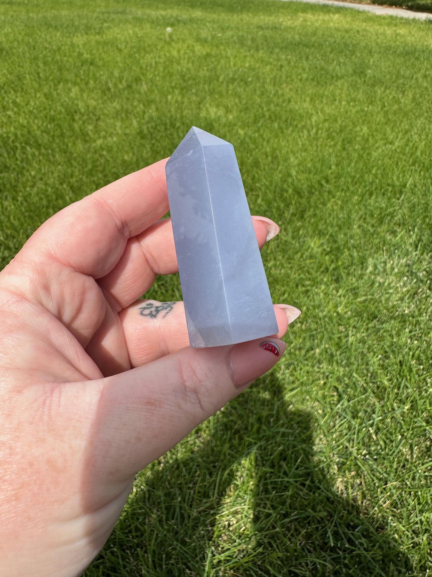 Blue Chalcedony Tower – 2 oz, 2.3 Inches Tall – Calming and Healing Crystal