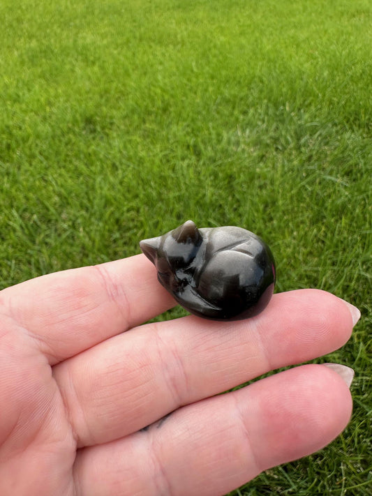 Silver Sheen Obsidian Sleeping Kitten Crystal Carving – 1 Inch – Adorable and Protective Stone