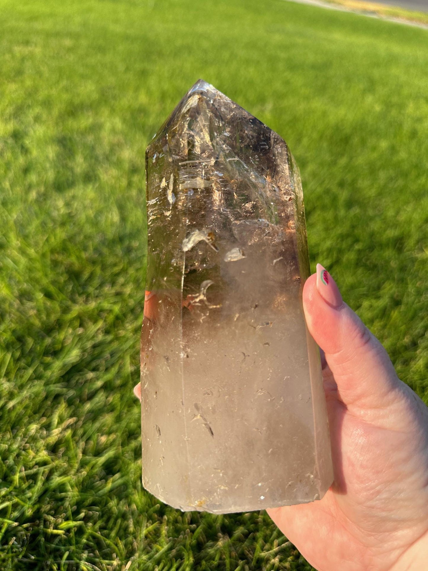 Smoky Enhydro Quartz Tower with large moving water bubble and rainbows - 6.5 Inches Tall, 2lbs 12oz