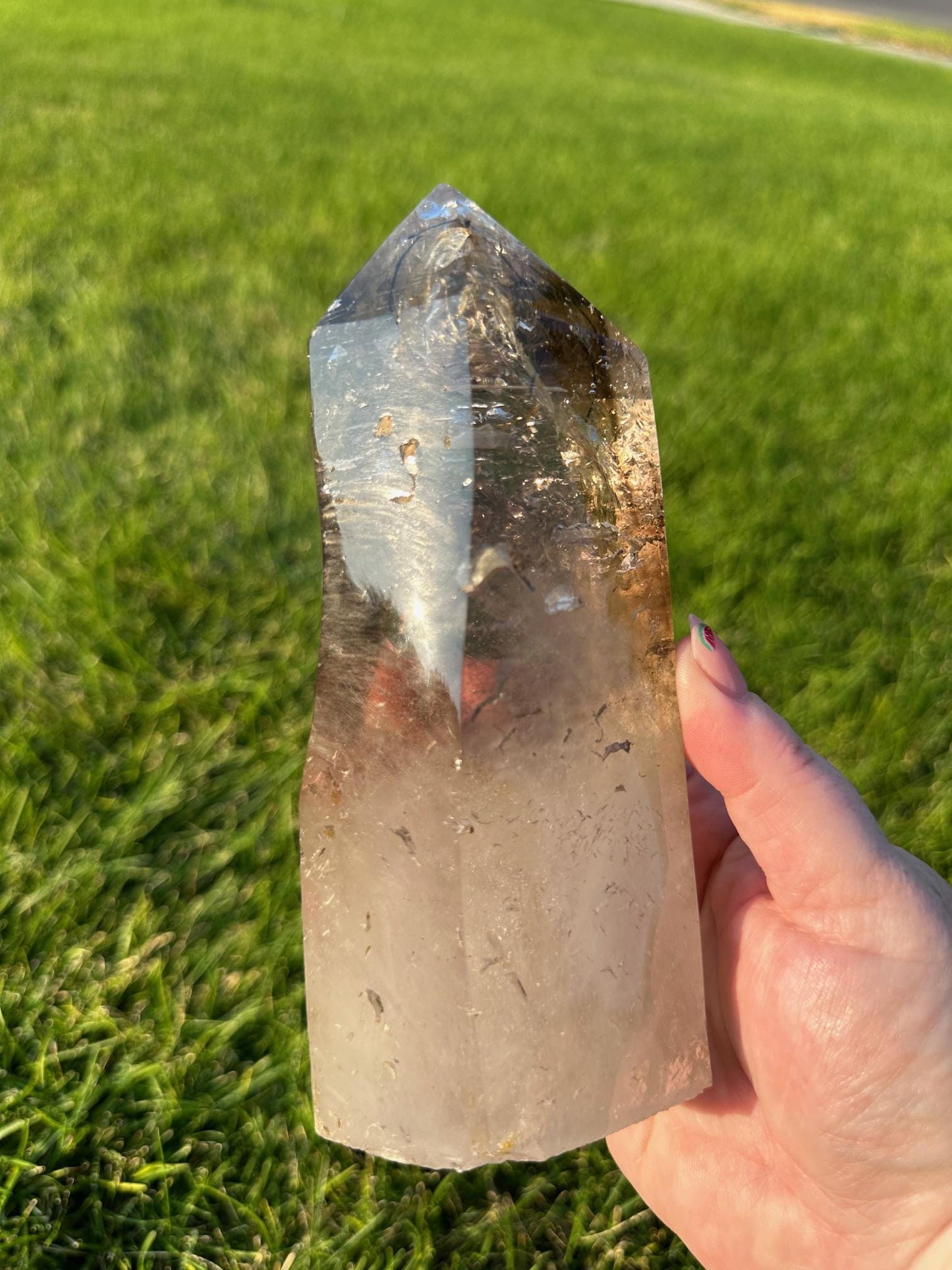 Smoky Enhydro Quartz Tower with large moving water bubble and rainbows - 6.5 Inches Tall, 2lbs 12oz