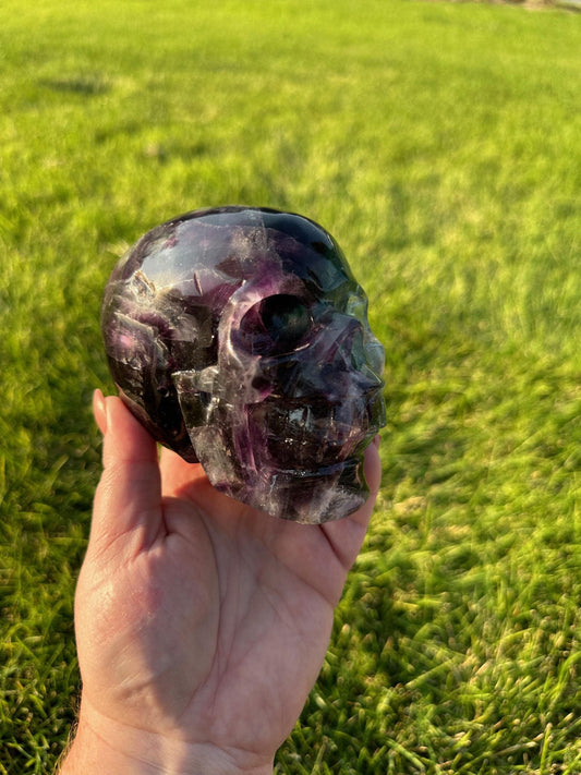 Purple and Green Fluorite Crystal Skull Carving - 3 Inches Tall, 2lbs 14oz