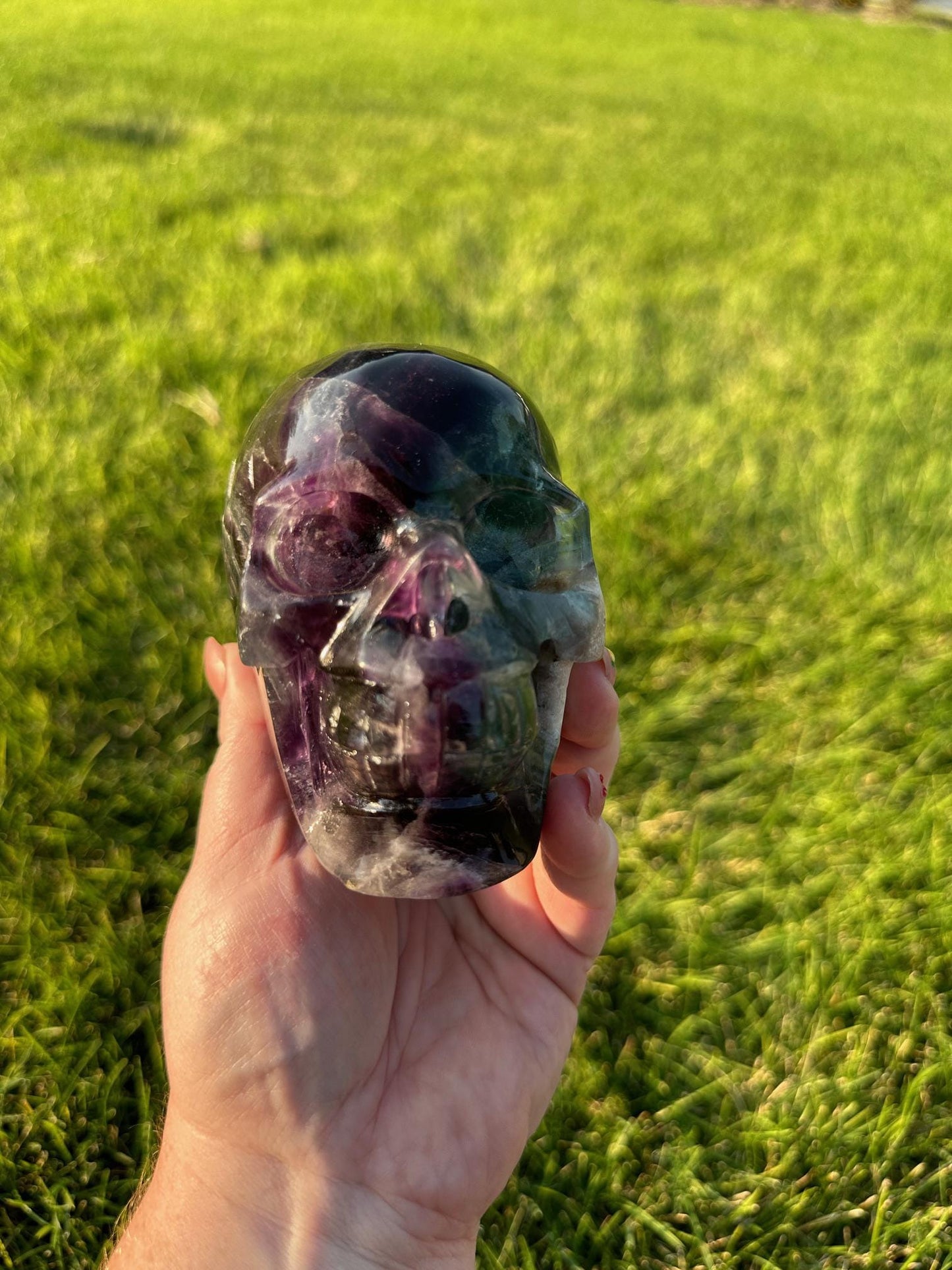 Purple and Green Fluorite Crystal Skull Carving - 3 Inches Tall, 2lbs 14oz