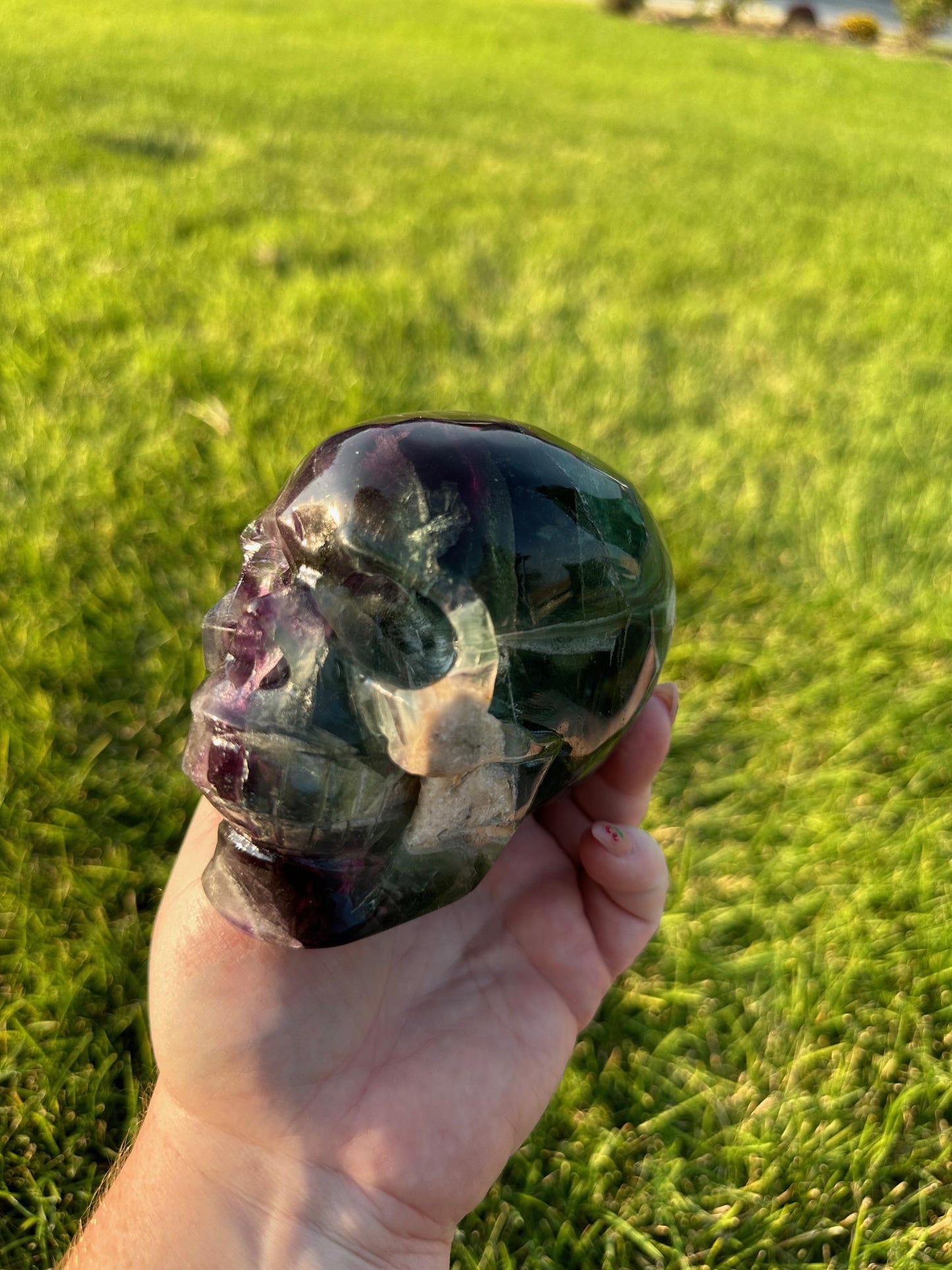 Purple and Green Fluorite Crystal Skull Carving - 3 Inches Tall, 2lbs 14oz