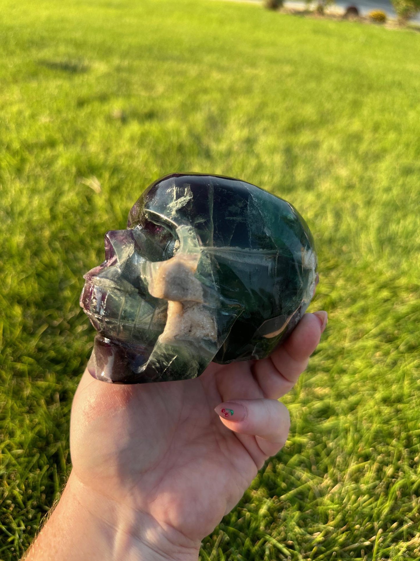 Purple and Green Fluorite Crystal Skull Carving - 3 Inches Tall, 2lbs 14oz