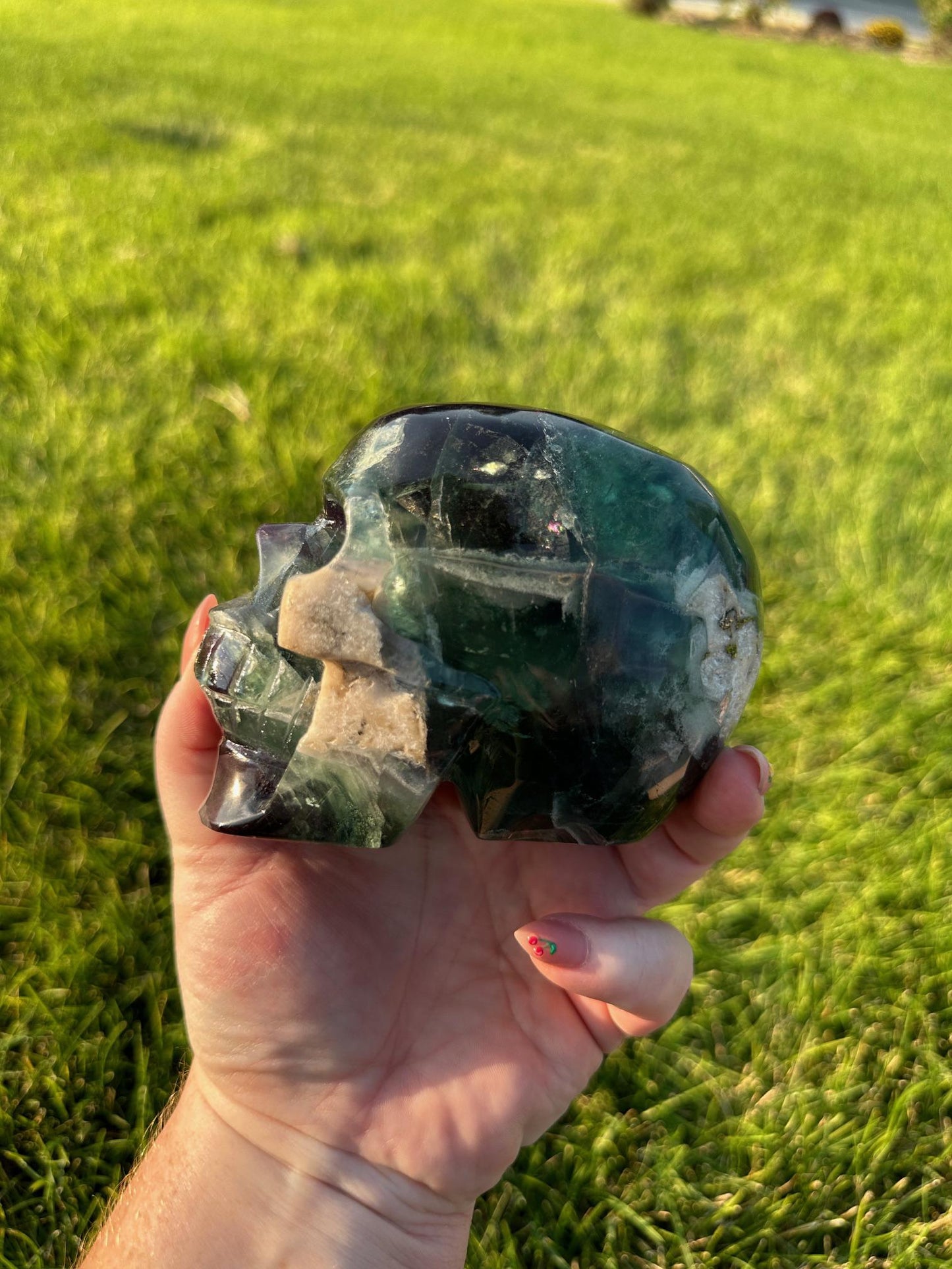 Purple and Green Fluorite Crystal Skull Carving - 3 Inches Tall, 2lbs 14oz