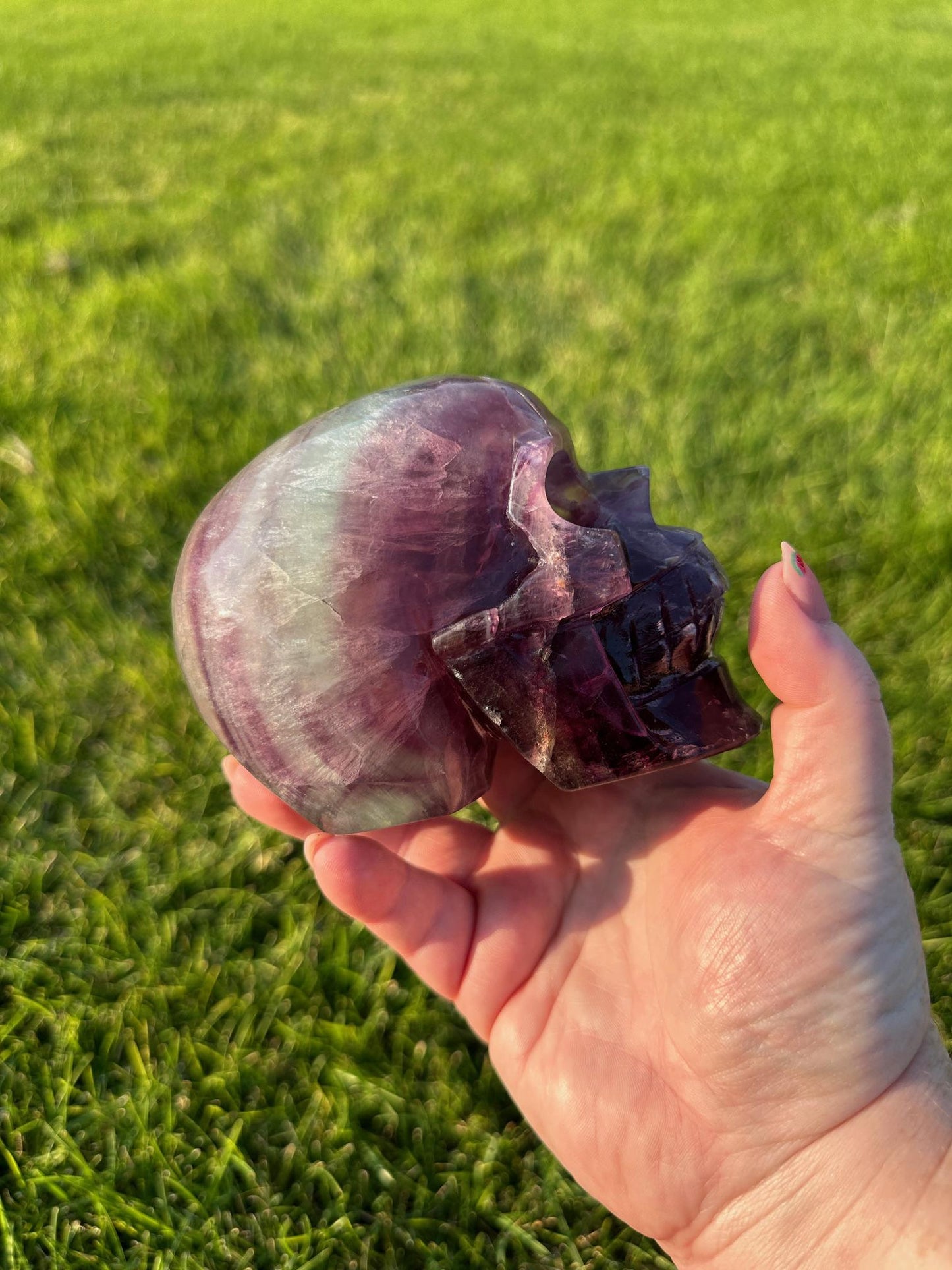 Purple and Green Fluorite Crystal Skull Carving - 3.5 Inches Tall, 3lbs 2oz