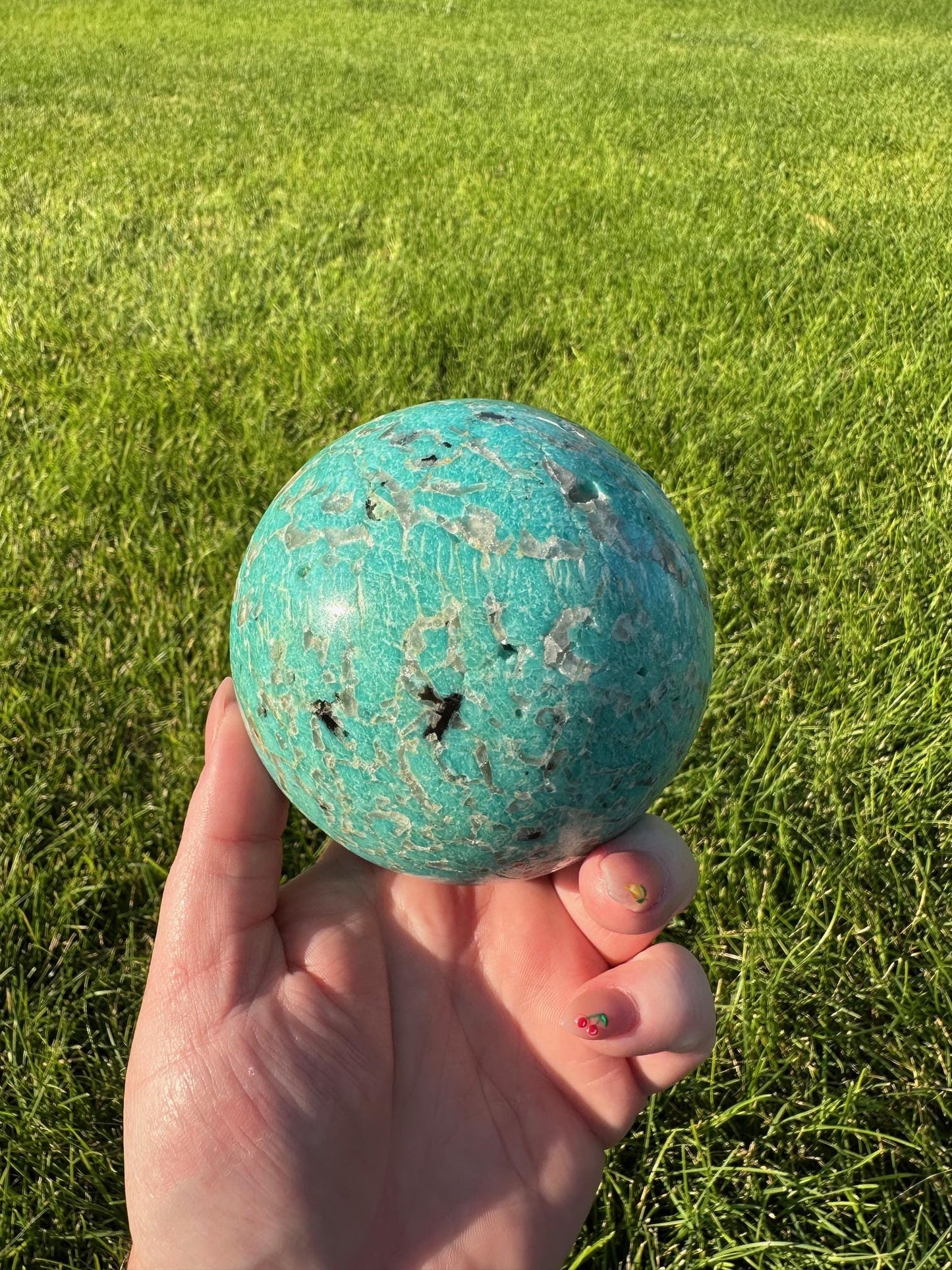 Graphic Amazonite Sphere - 3.4 Inch Diameter, 2lb 8oz Smokey Quartz in Amazonite